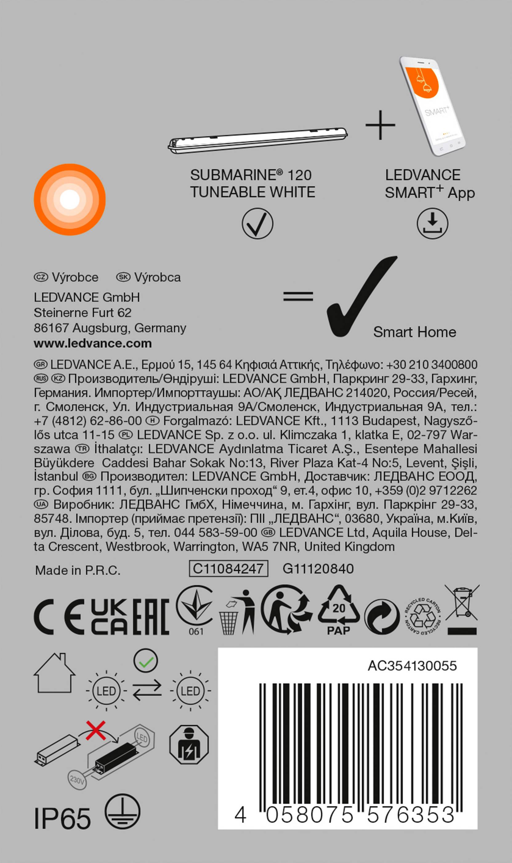 LEDVANCE SMART+ Wifi Submarine 120 Feuchtraumleuchte LED LED fest eingebaut 18W Warmweiß bis Kaltweiß Grau