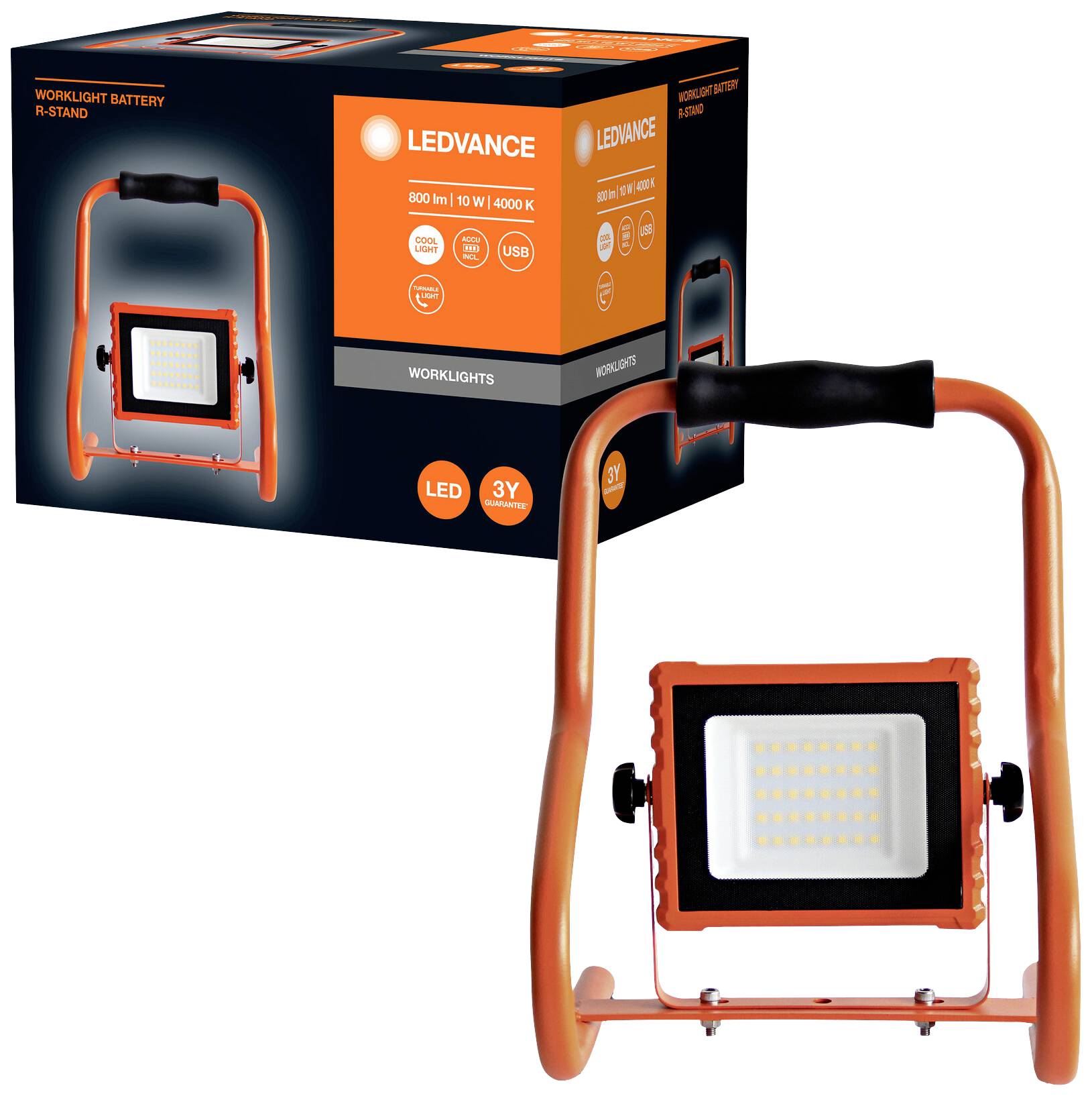 Oranges LED-Arbeitslicht mit schwarzem Griff vor Verpackung mit Produktinformationen. Batteriebetrieben, 800 lm, 10 W, 4000 K.