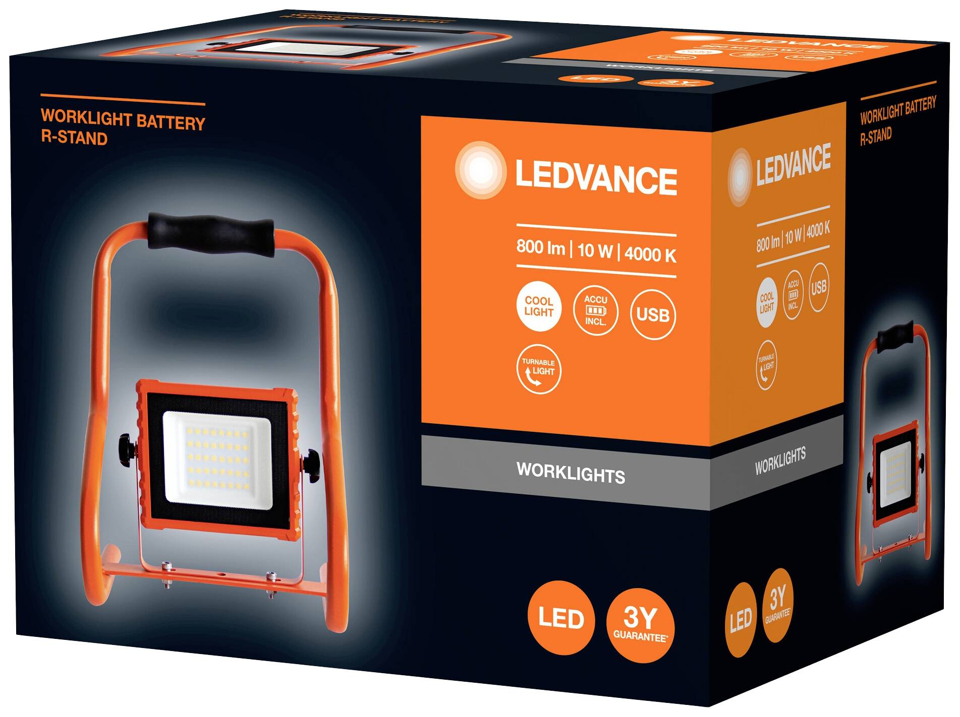 Eine schwarze Verpackung mit einer Arbeitsleuchte und Informationen: 'LEDVANCE', 800 lm, 10 W, 4000 K, USB, LED, 3 Jahre Garantie.