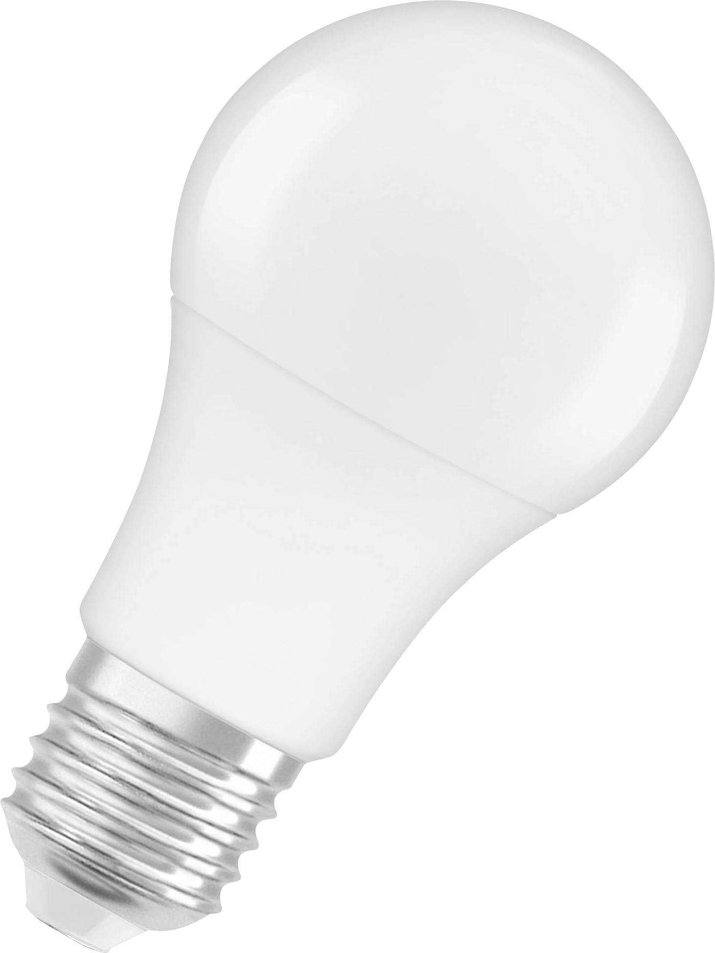 Eine weiße LED-Glühbirne mit silbernem Sockel, schräg positioniert.