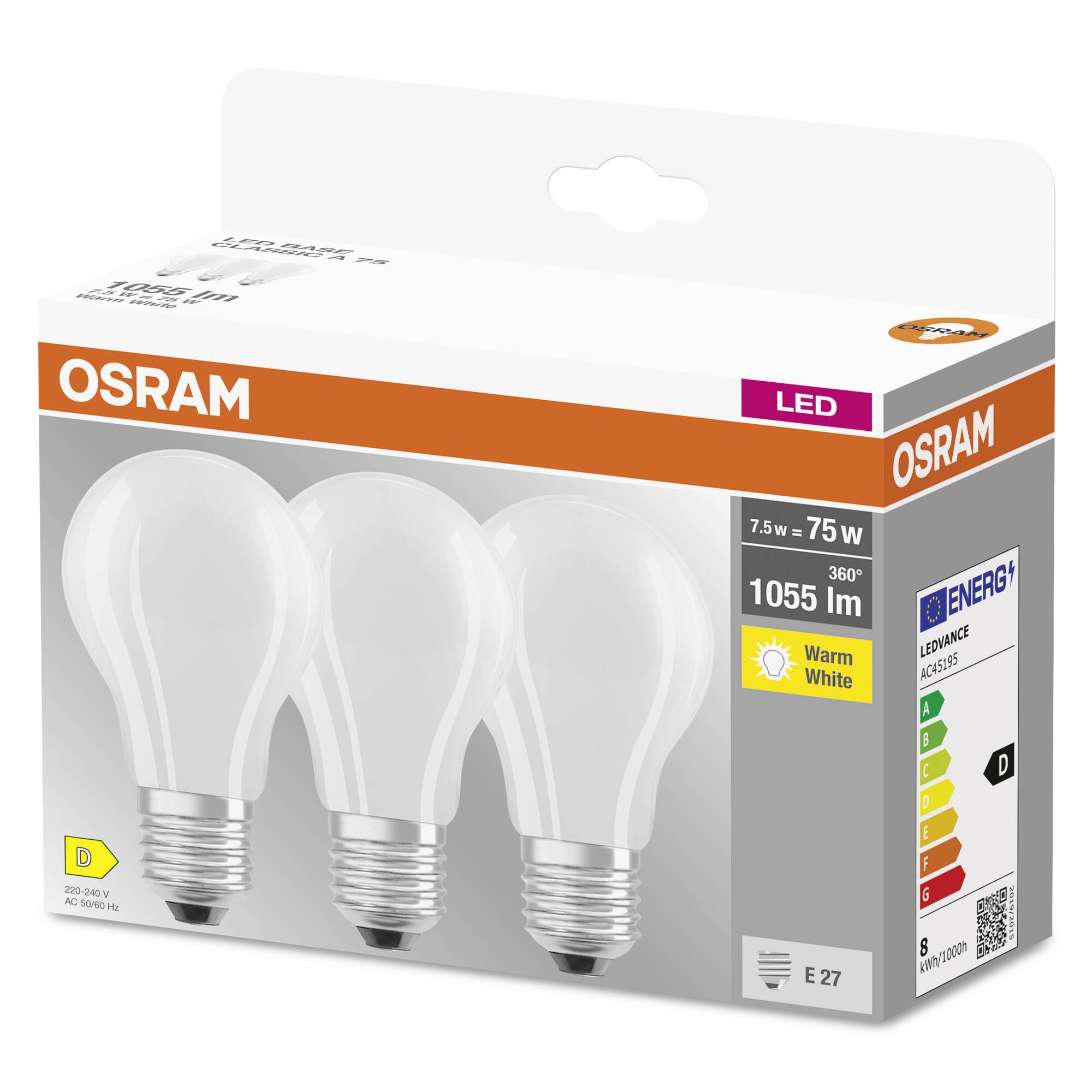 Drei OSRAM LED-Glühbirnen in einer Verpackung, E27-Fassung, 7.5W entspricht 75W, warmweißes Licht, 1055 Lumen, Energieklasse D.
