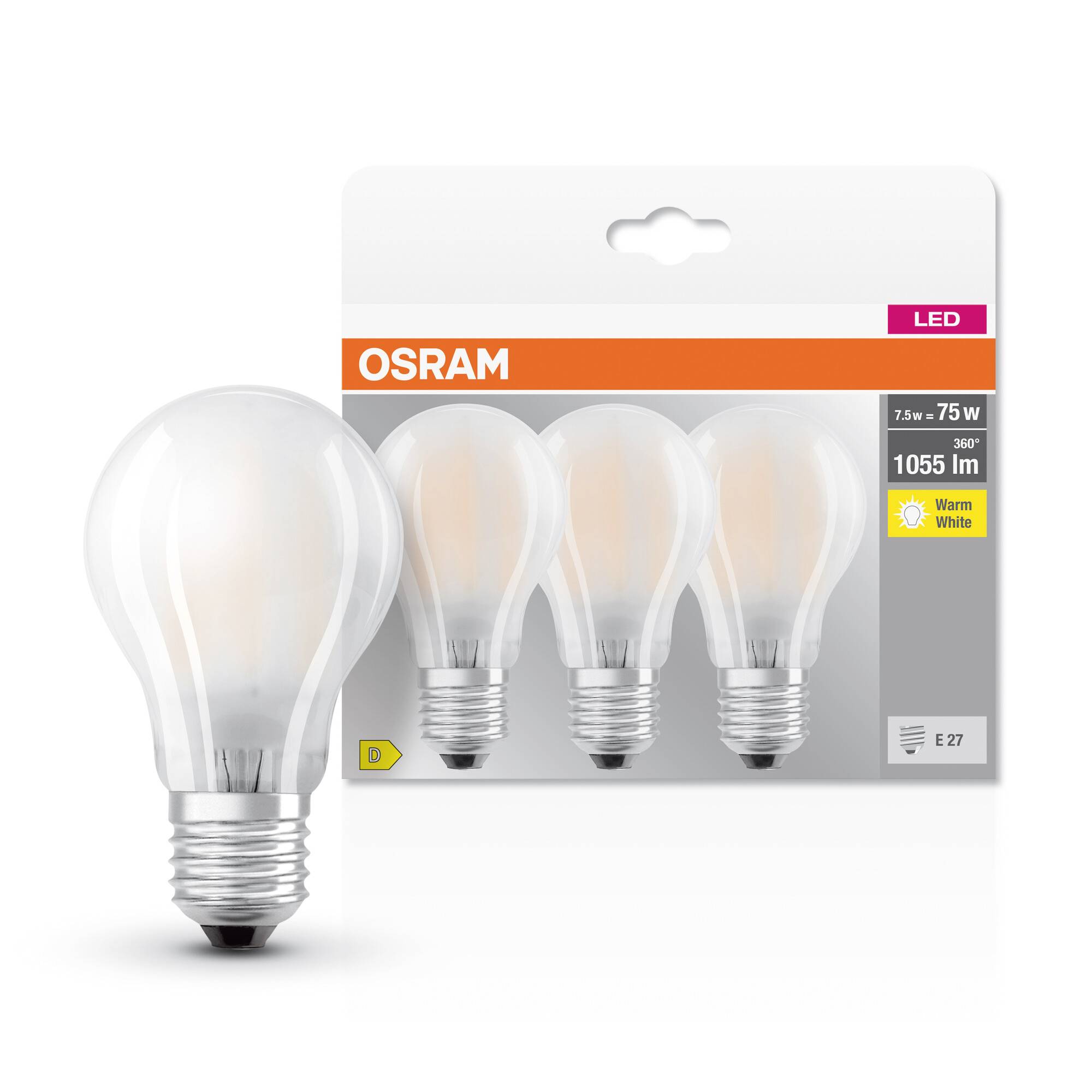 Verpackung mit drei LED-Glühbirnen von Osram, 7,5W, ersetzt 75W, 1055 Lumen, warmweiß. E27-Sockel. Produktabbildung mit einer Glühbirne.