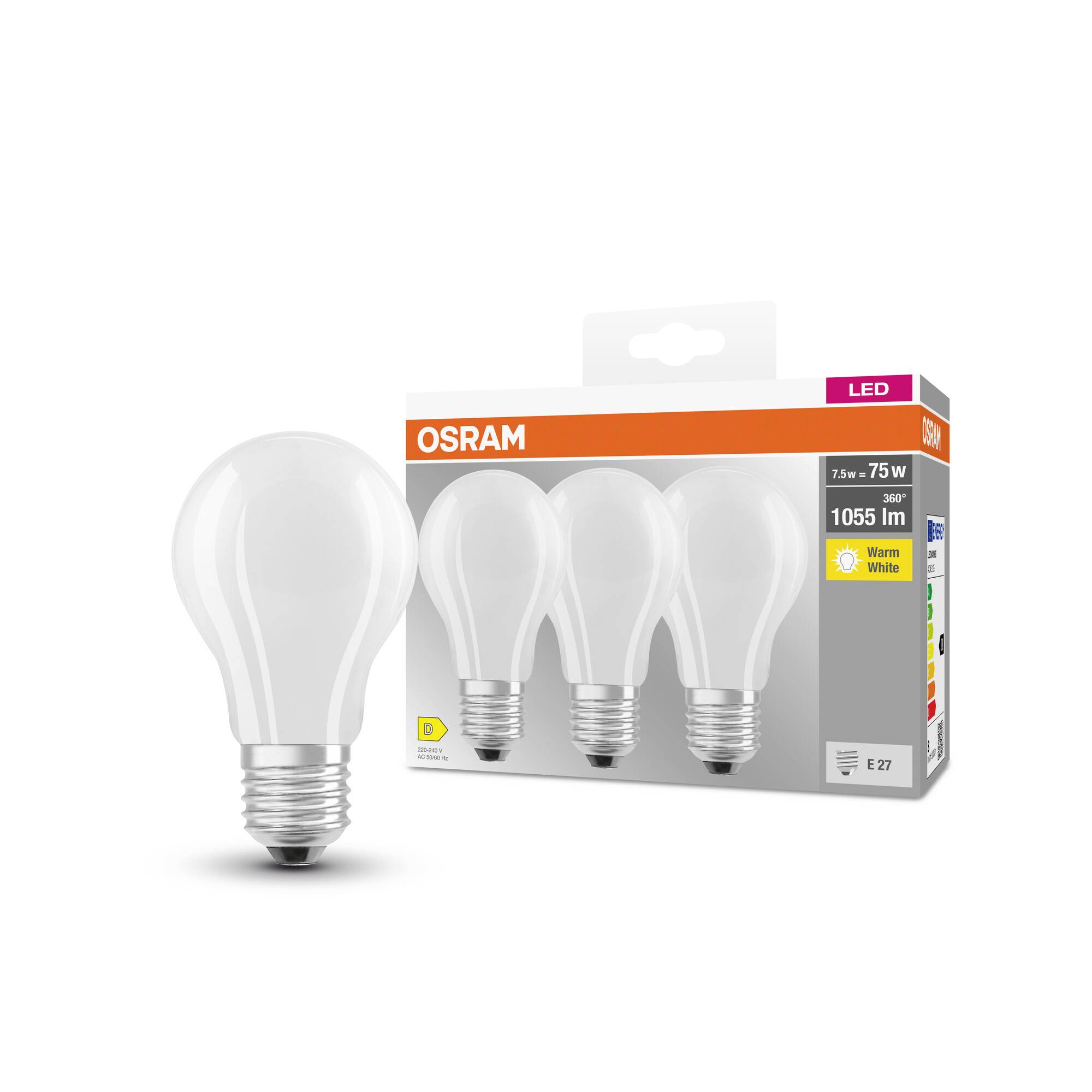 Eine Packung OSRAM LED-Glühbirnen, 12W entspricht 75W, 1055 Lumen, warmweiß, Energieklasse D, E27-Sockel, 3 Stück.