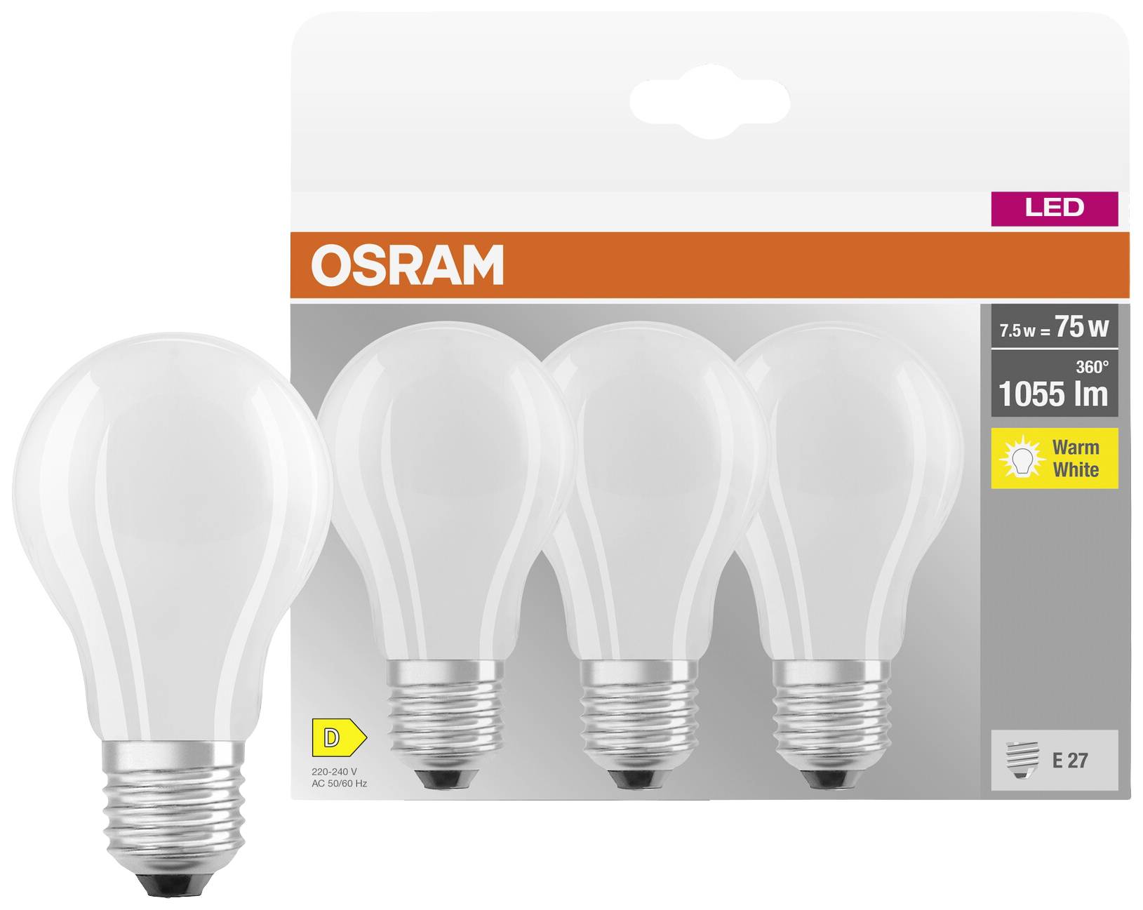 Osram LED-Glühlampenverpackung für vier Lampen, je 7,5W und 1055 Lumen, warmweiß, geeignet für E27-Fassung. Energiestufe D.