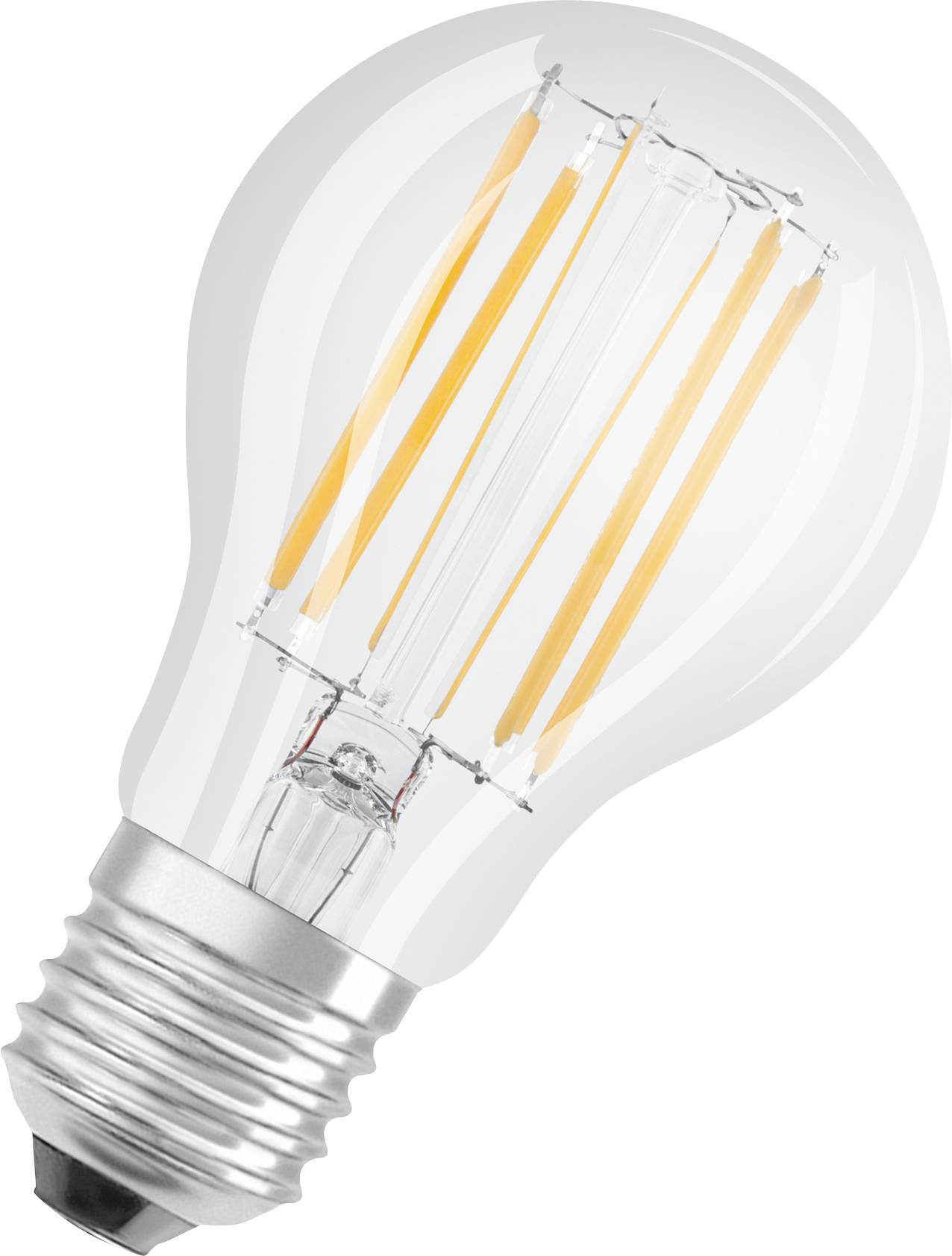Eine Glühbirne mit LED-Filamenten, die an eine traditionelle Glühlampe erinnert. Sie hat eine klare Glasoberfläche und eine silberne Fassung.