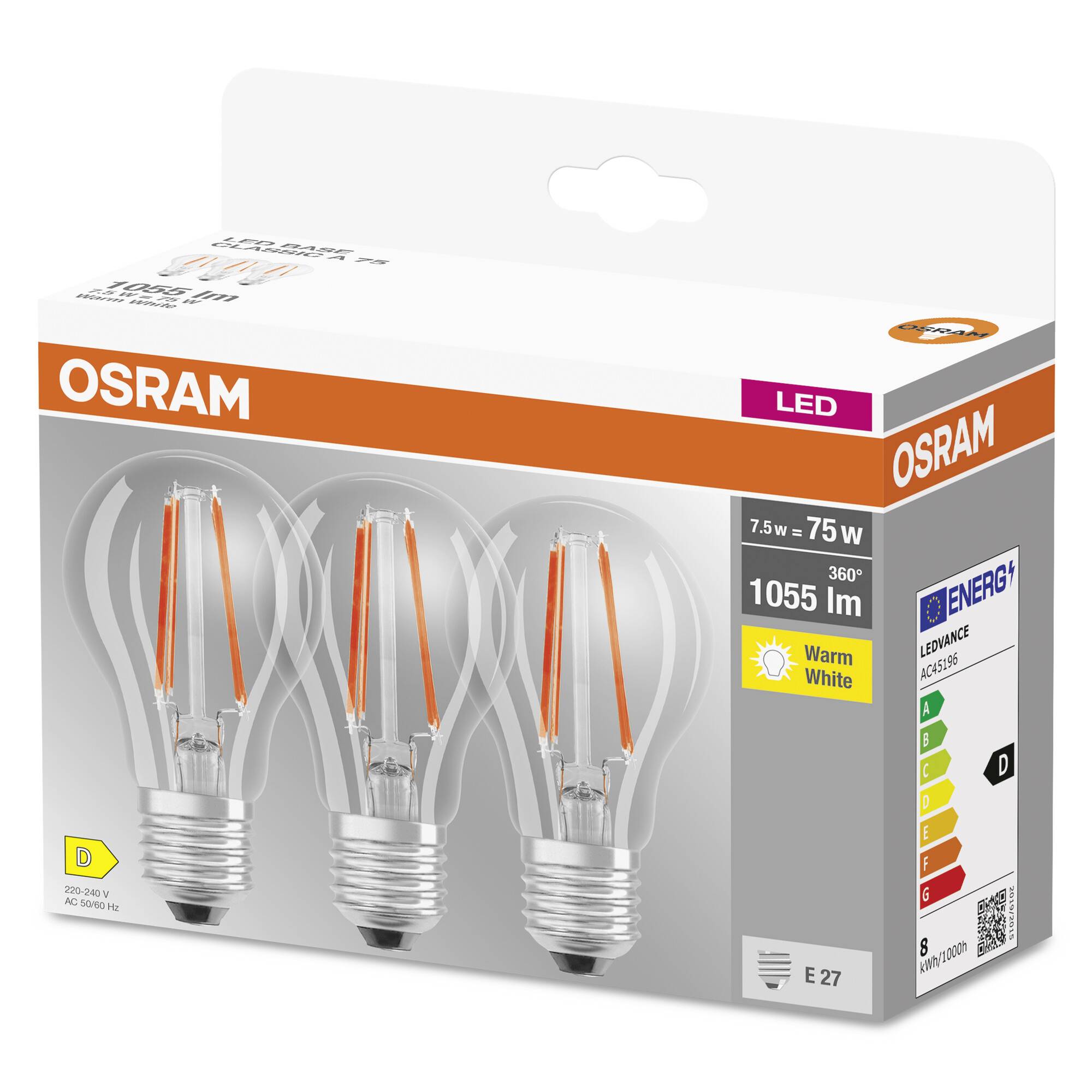 Drei LED-Glühbirnen von Osram in einer Verpackung. 7,5 W, 75 W Ersatz, 1055 Lumen, warmweiß, Energieklasse D. E27-Sockel.