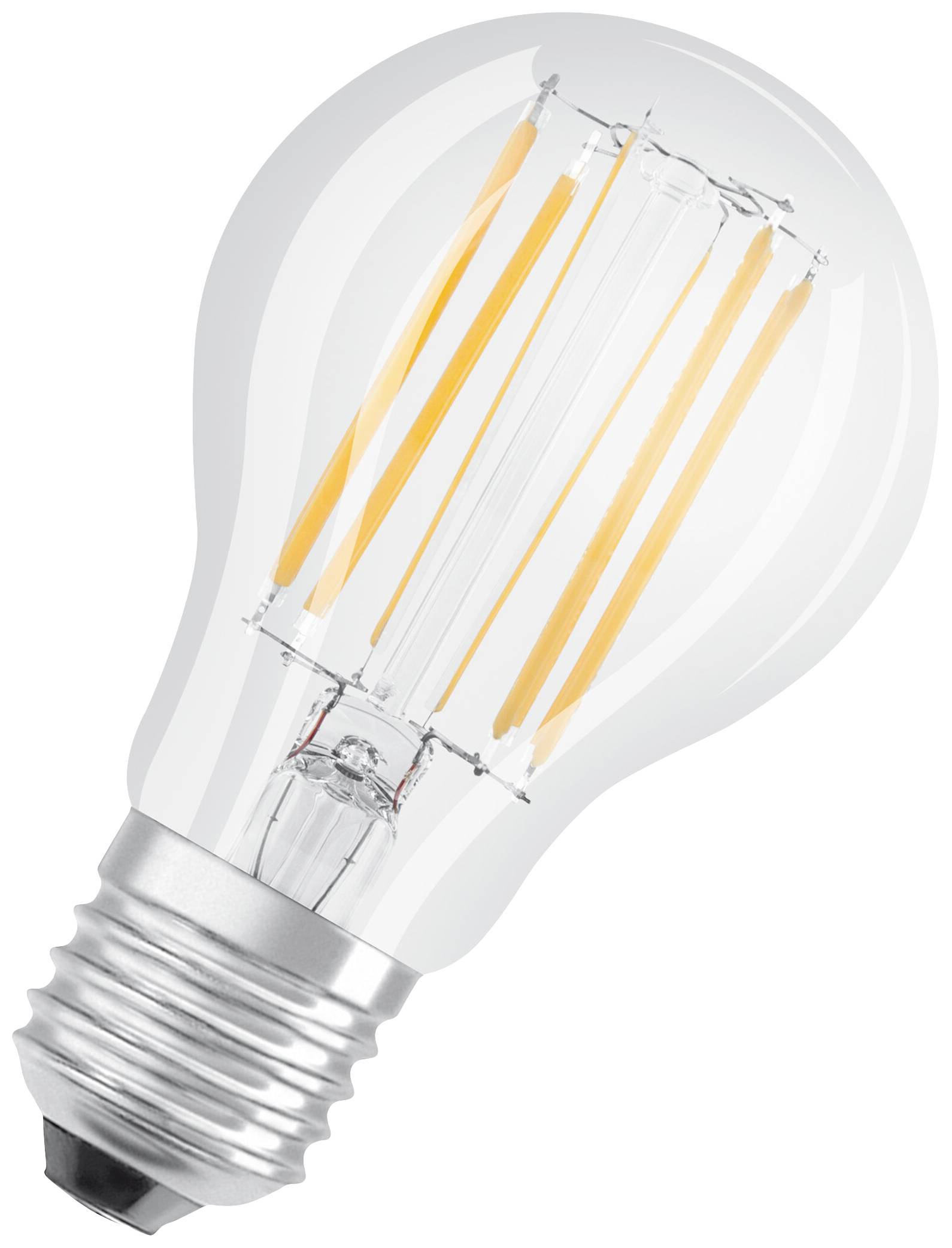 Eine klare Glühbirne mit sichtbaren Filamenten, die modern und energieeffizient wirkt. Geeignet für eine helle, warme Beleuchtung.