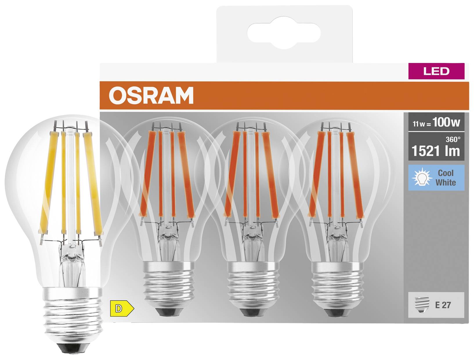 Dreierpack LED-Glühbirnen von OSRAM, 11W = 100W, 360°, 1521 lm, E27 Fassung, kaltweiß, Energieklasse D.