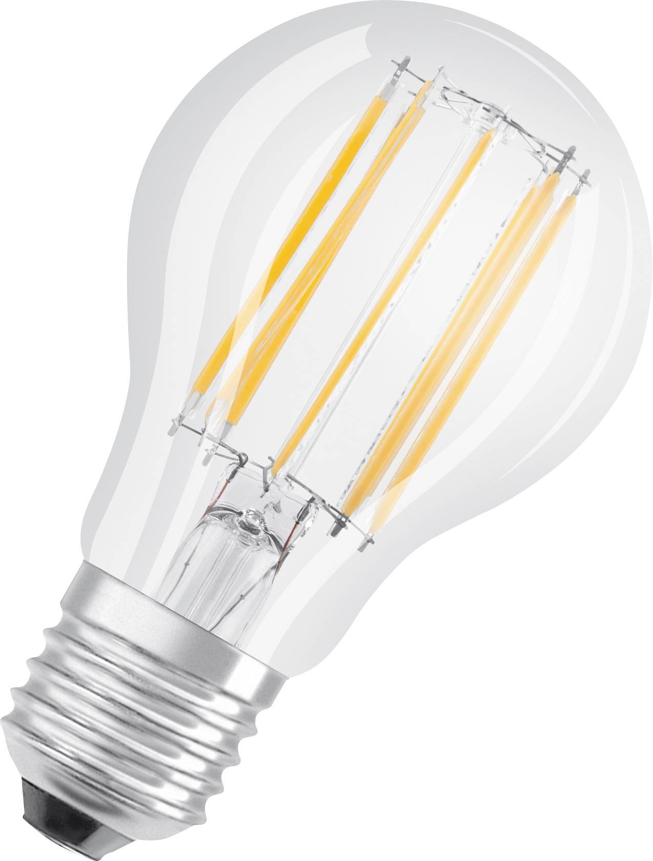 Eine LED-Glühbirne mit sichtbaren Filamenten, in einem transparenten Glaskörper und einer Metallfassung.