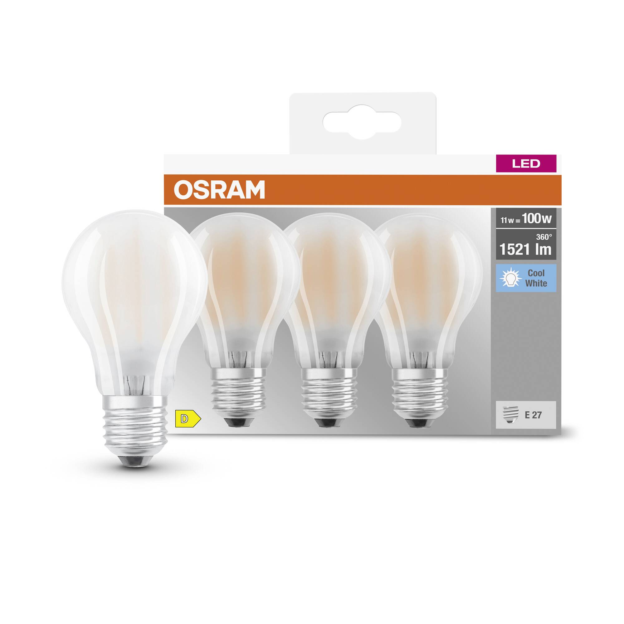 Verpackung mit vier LED-Glühbirnen von Osram, 11W entspricht 100W, 1521 Lumen, E27-Sockel, energiesparend, warmweißes Licht.