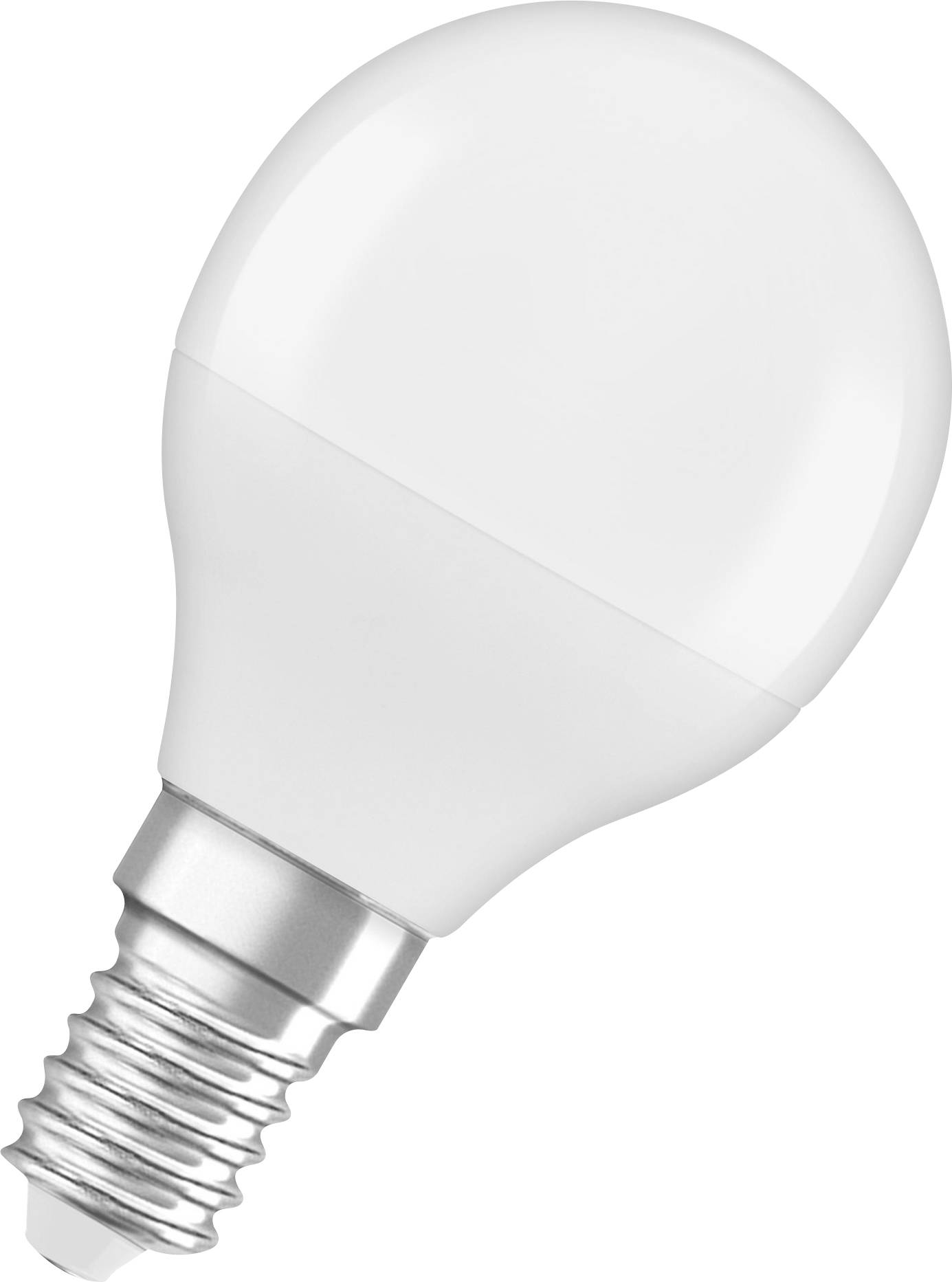 Eine weiße LED-Glühbirne mit E14-Sockel, isoliert vor einem weißen Hintergrund.