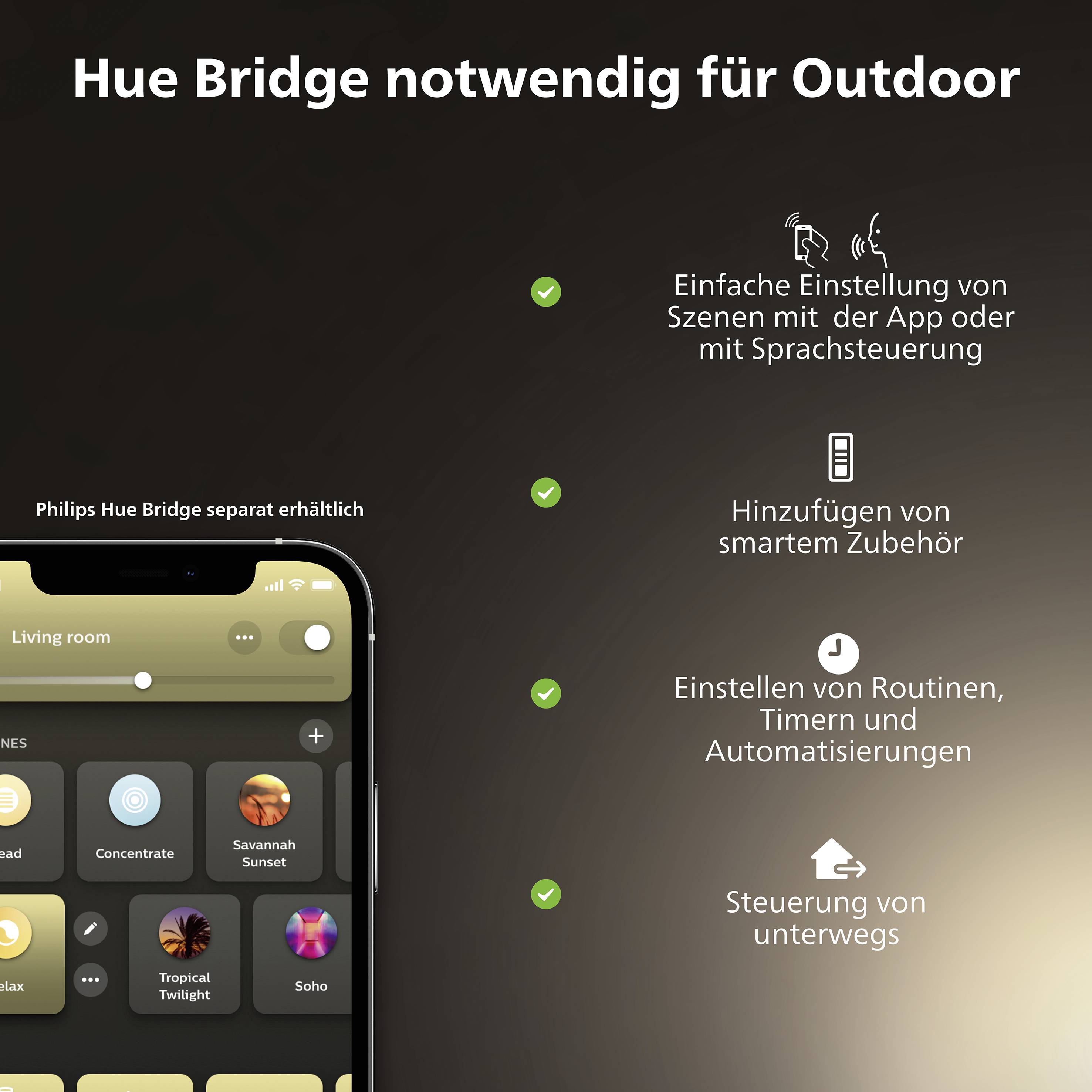 Bild eines Smartphones mit der Philips Hue App, die Szenen und Sprachsteuerung zeigt. Text: Hue Bridge notwendig für Outdoor.