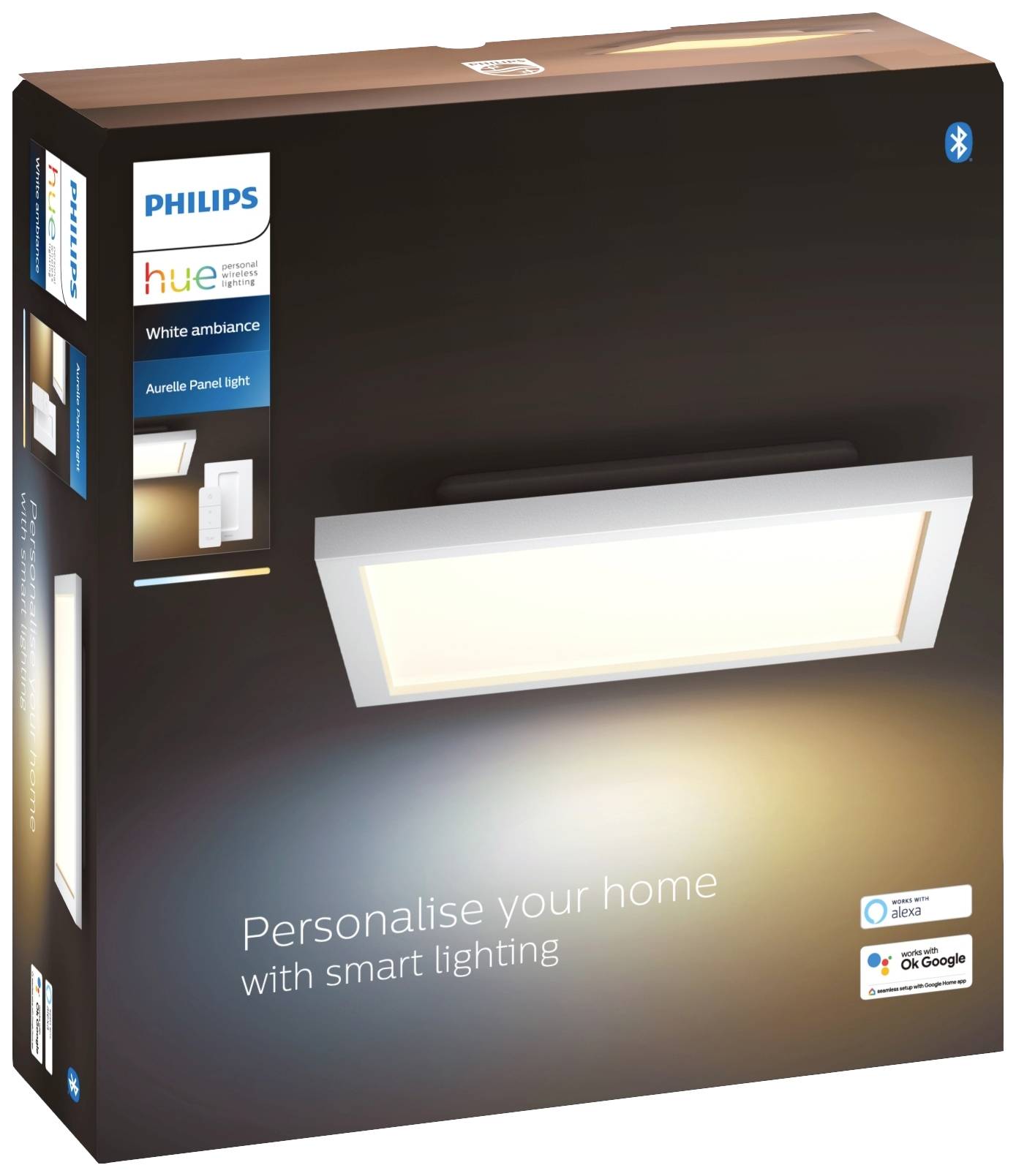Eine rechteckige Philips Hue-Lampe in einer Verpackung. Der Text auf der Verpackung lautet: 'Personalise your home with smart lighting'. Enthält Bluetooth-Logo.