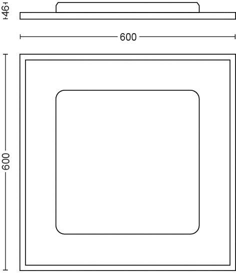 Technische Zeichnung eines quadratischen Objekts mit den Maßen 600 x 600 mm und einer Höhe von 46 mm, von oben und vorne.