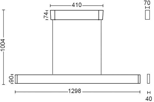 Technische Zeichnung einer Abzugshaube mit Maßen: Breite 410 mm, Höhe 74 mm, Gesamthöhe 1004 mm, Tiefe 70 mm, Unterkante 40 mm.