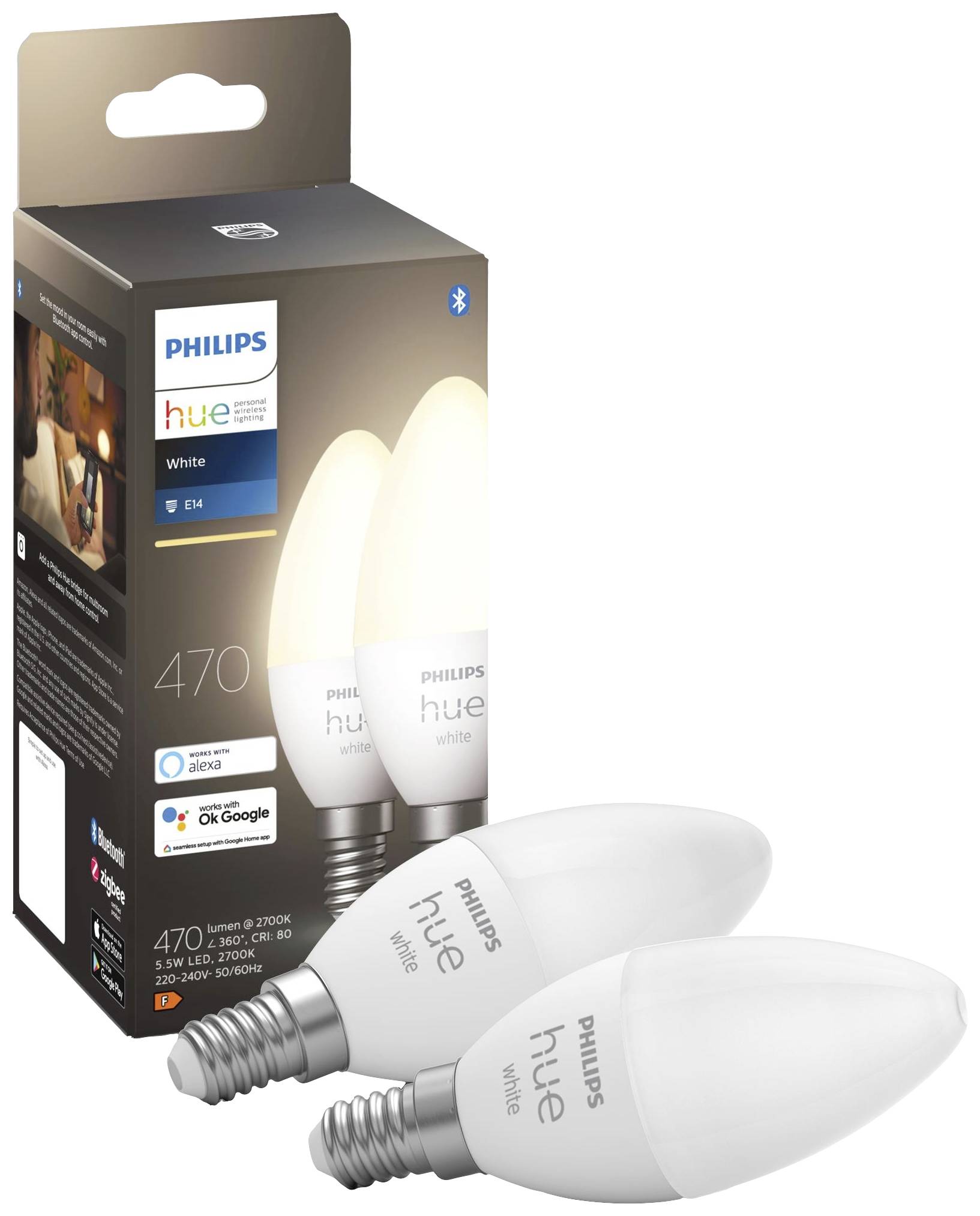 Philips LED LED-Leuchtmittel (2er-Set) 871951432062800 EEK: F (A - G) Hue White Doppelpack 2x470lm E14 11 W Warmweiß