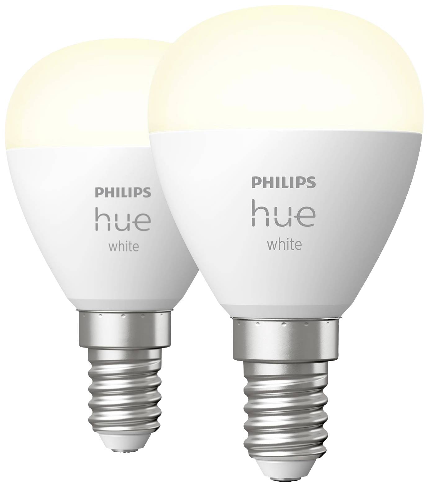 Zwei Philips Hue white LED-Glühbirnen. E14-Sockel, dimmbar, warmweißes Licht. Ideal für smarte Beleuchtungslösungen.