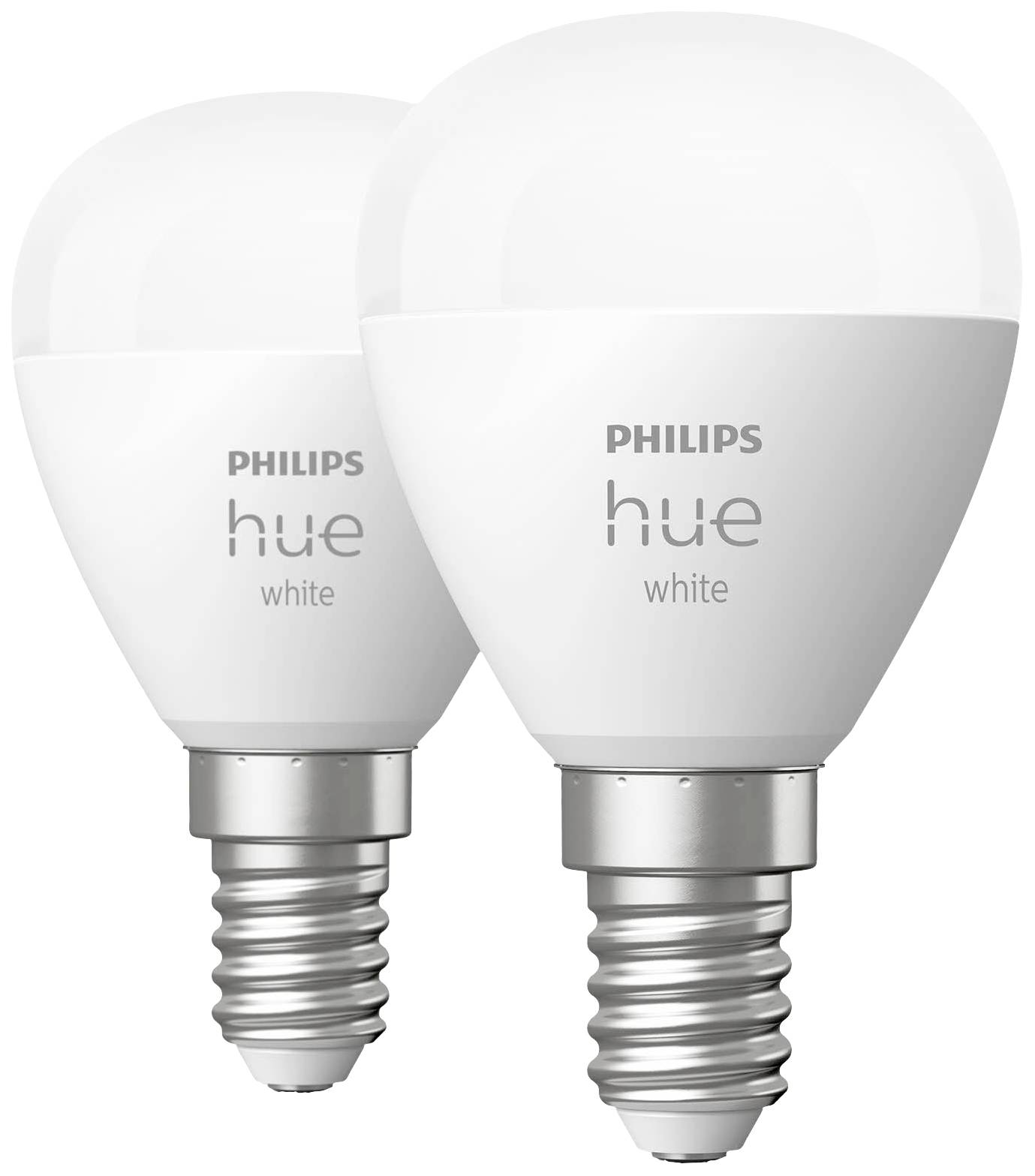 Zwei smarte LED-Glühbirnen von Philips Hue in Weiß. Sie haben einen Schraubsockel und können per App gesteuert werden.