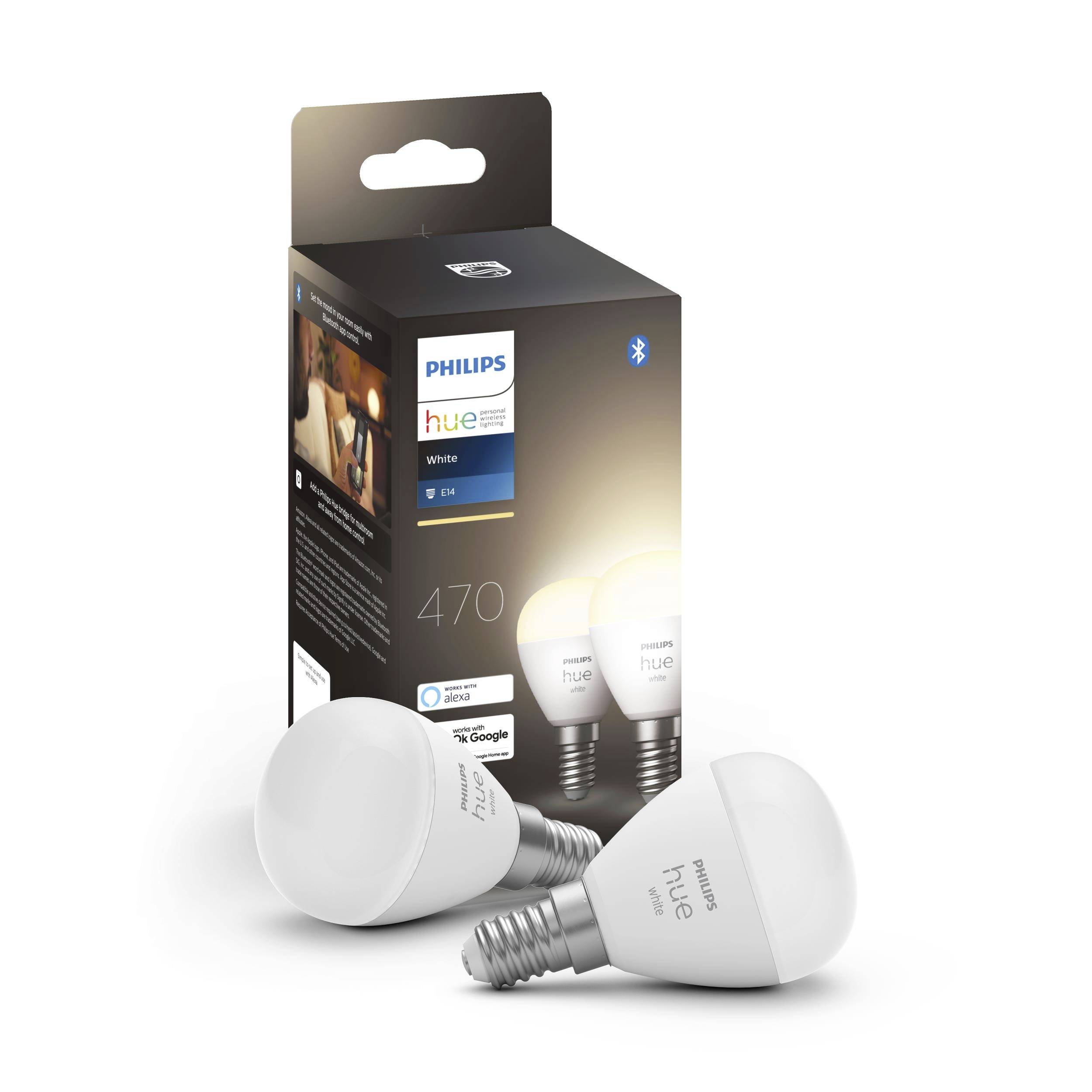 Philips Hue White LED-Lampe, E14, kompatibel mit Bluetooth, energiesparend, 470 Lumen, abgebildet vor der Verpackung.