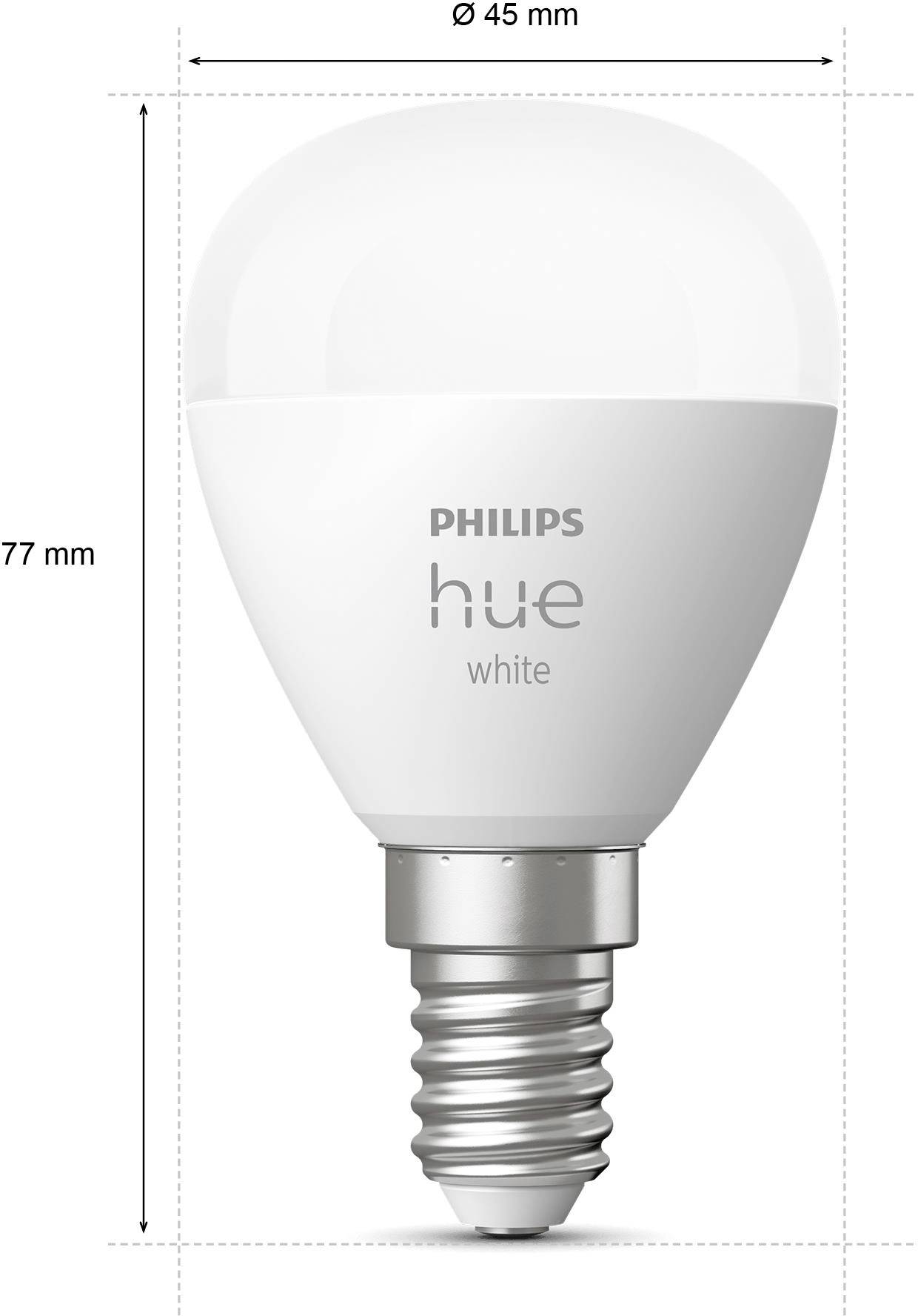 Glühbirne 'Philips Hue White', Maße: 45 mm Durchmesser, 77 mm Höhe.