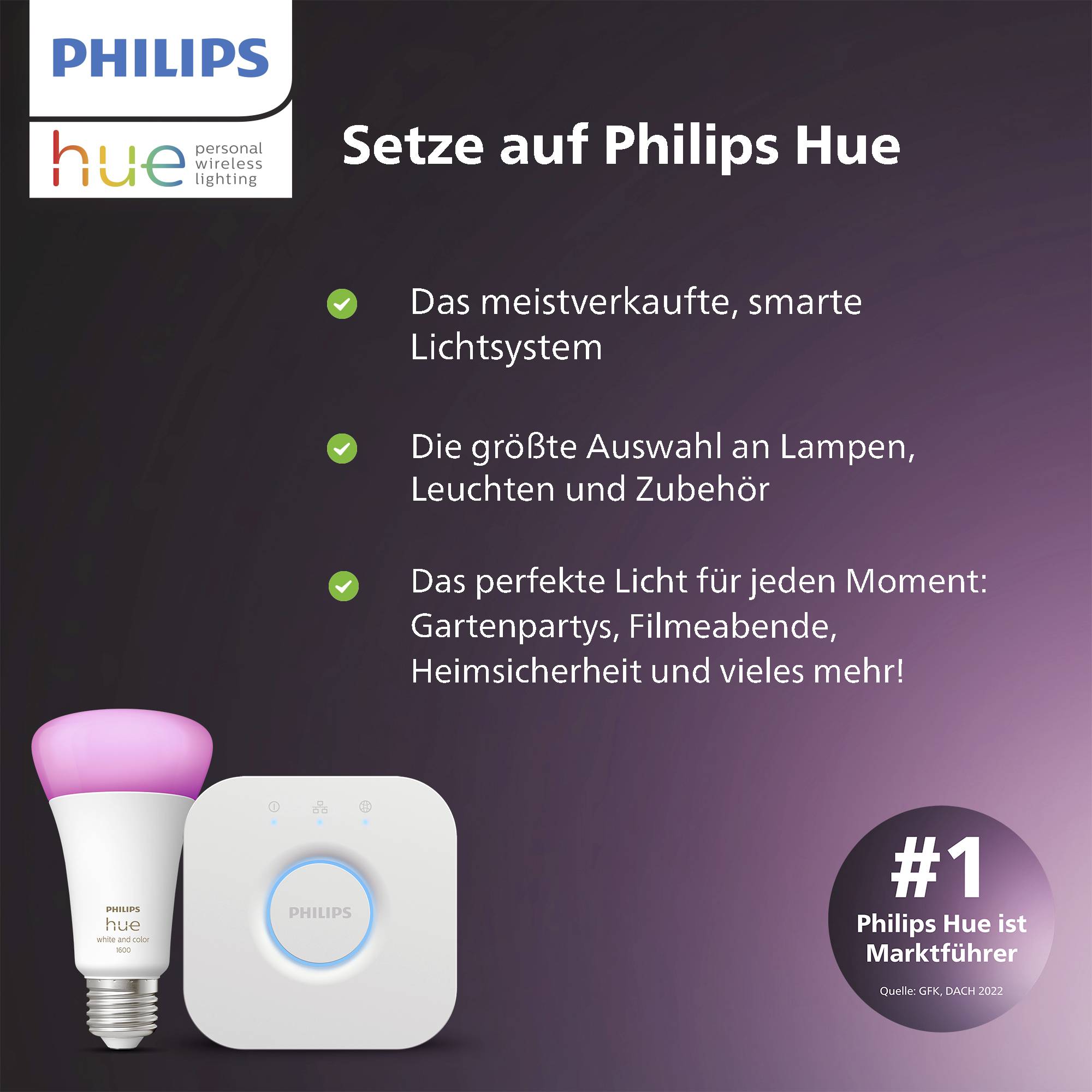 Philips Hue Werbung mit Text. Enthält: 'Das meistverkaufte, smarte Lichtsystem', 'Die größte Auswahl an Lampen' und 'Perfektes Licht'.