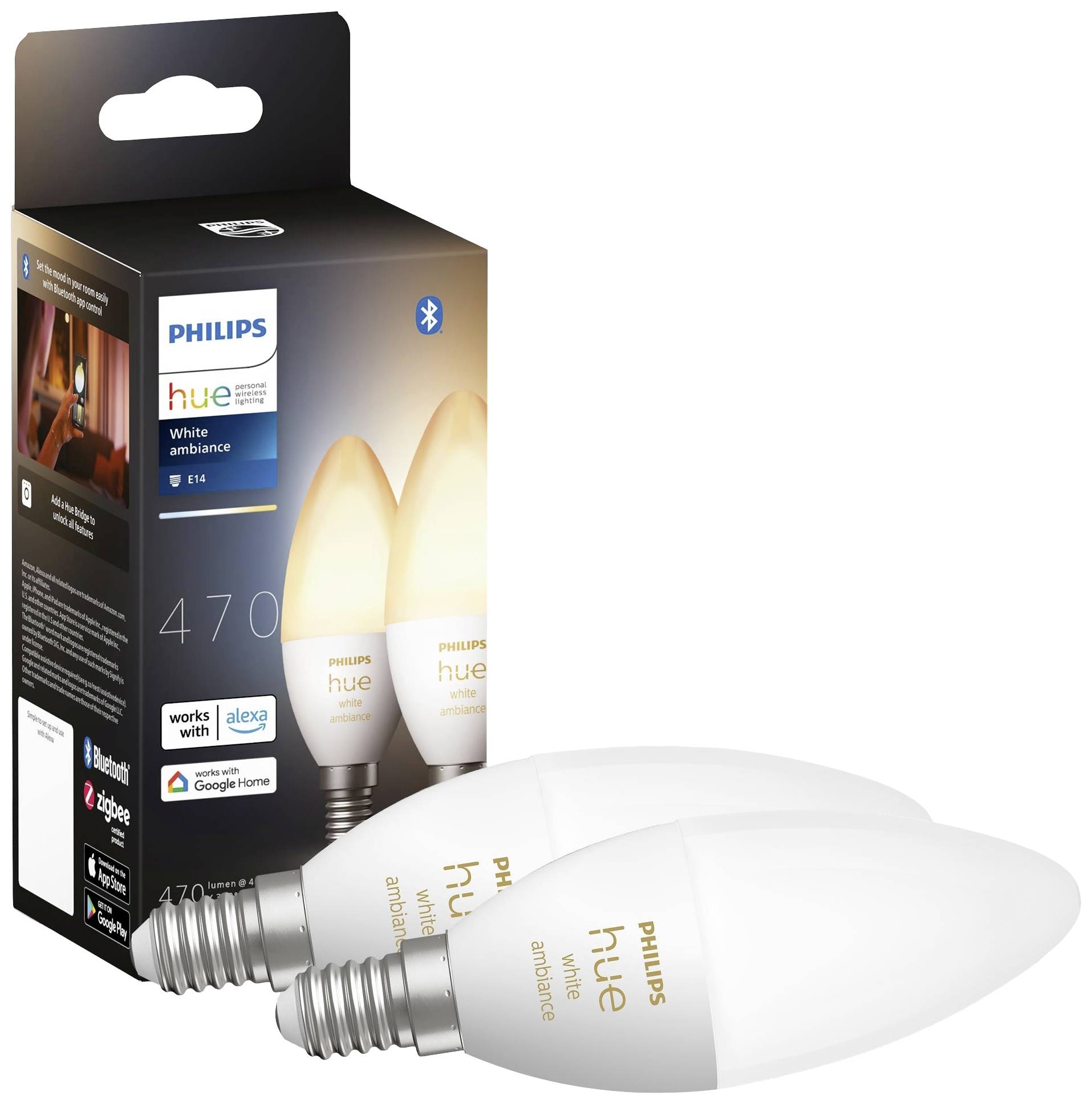 Zwei Philips Hue White Ambiance Glühbirnen vor einer Verpackung. Unterstützt Alexa und Google Home. E14, 470 Lumen.