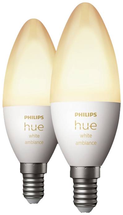 Zwei Philips Hue White Ambiance LED-Lampen in Kerzenform mit E14-Sockeln, leuchtend, geeignet für anpassbares Ambientelicht.