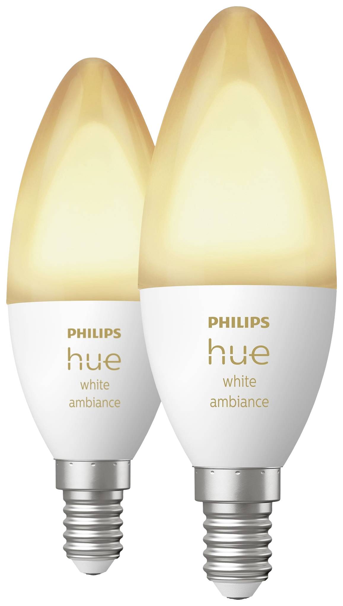 Zwei Philips Hue White Ambiance LED-Glühbirnen mit E14-Sockel; sie leuchten in einem warmen Weißton.