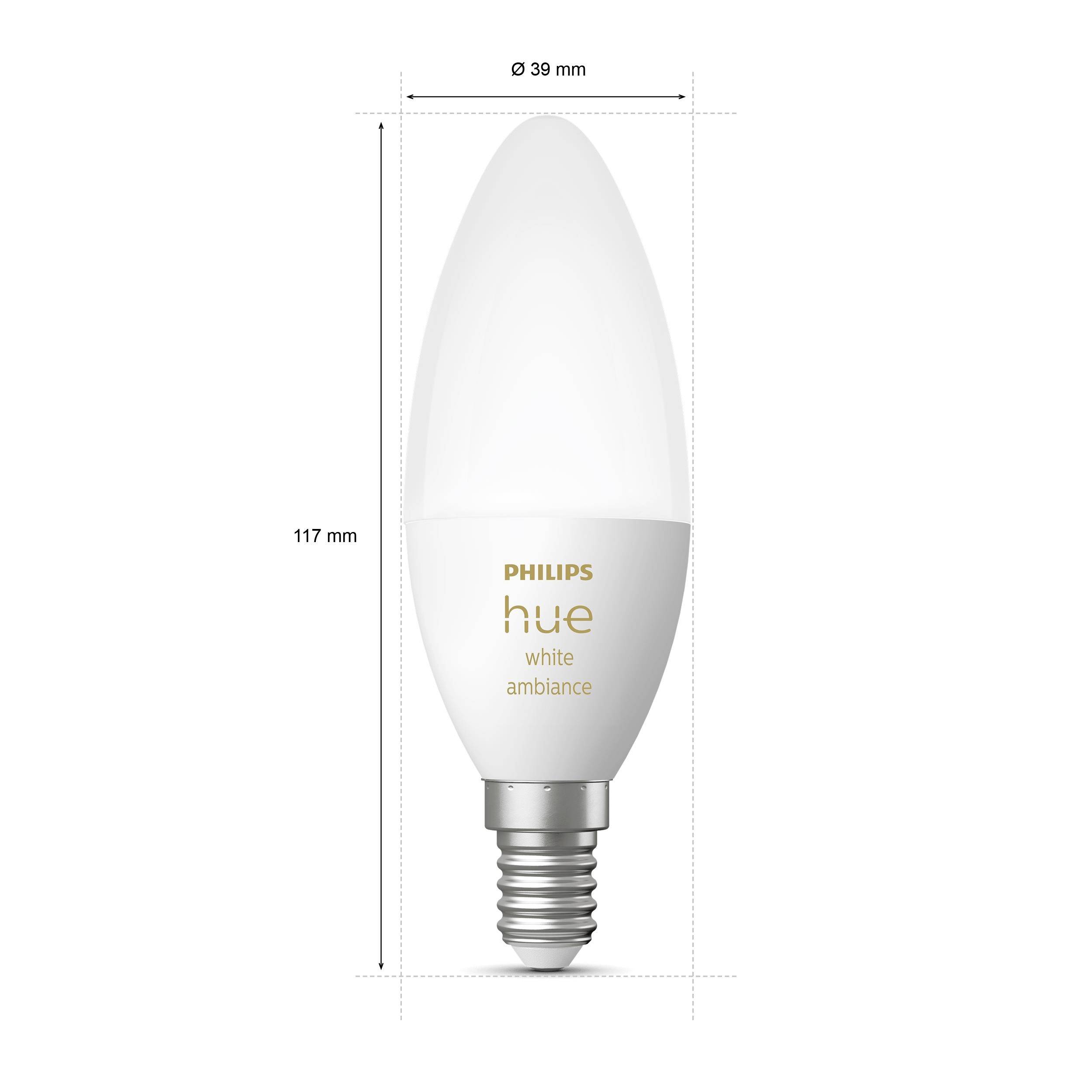 Eine Philips Hue White Ambiance LED-Kerzenlampe mit Abmessungen: 117 mm hoch und 39 mm breit, mit E14-Sockel.