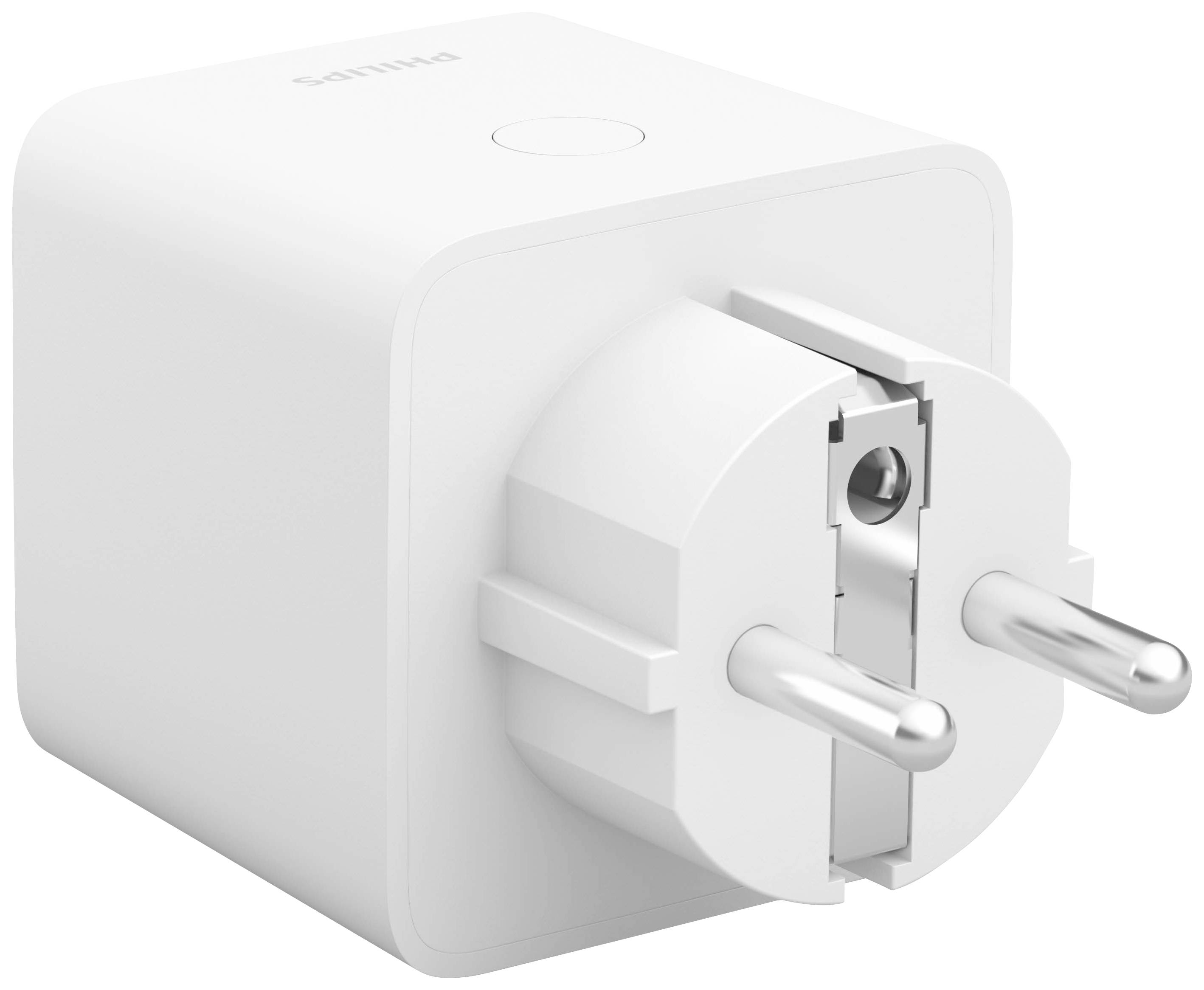 Ein weißer Smart-Stecker mit zwei runden Steckstiften.