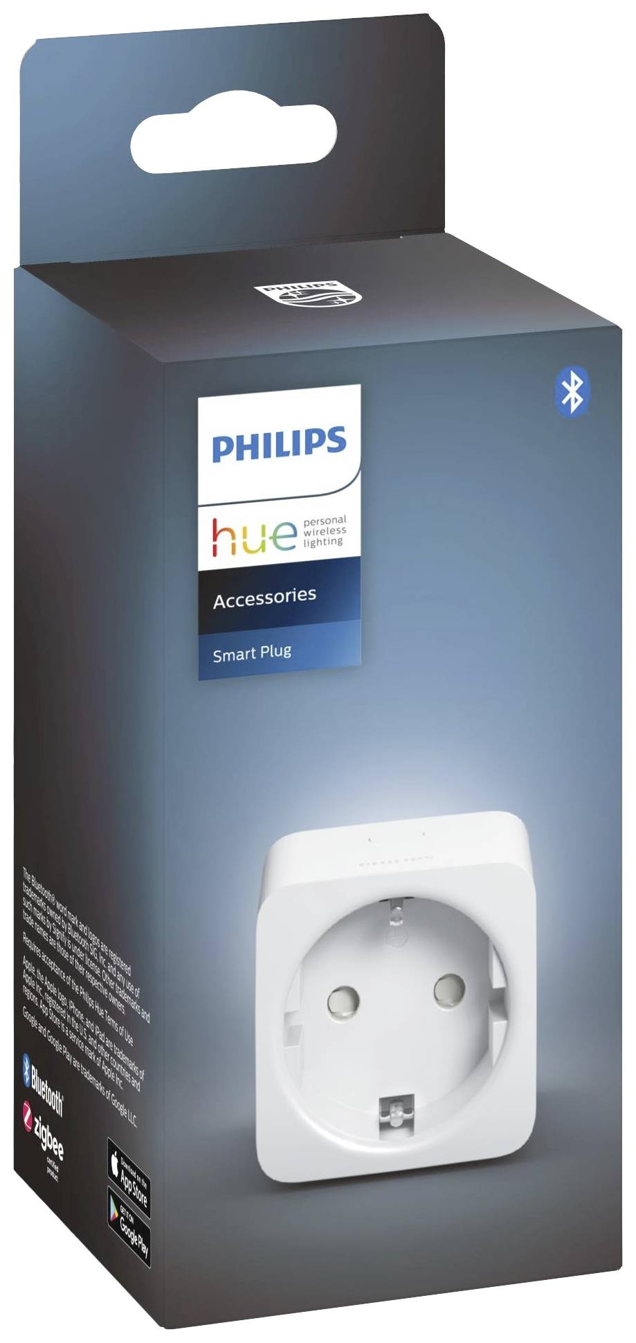 'Philips Hue Smart Plug'-Verpackung mit Abbildung einer weißen Steckdose, Bluetooth-Symbol und Hinweis auf Kompatibilität mit Smart Home-Systemen.
