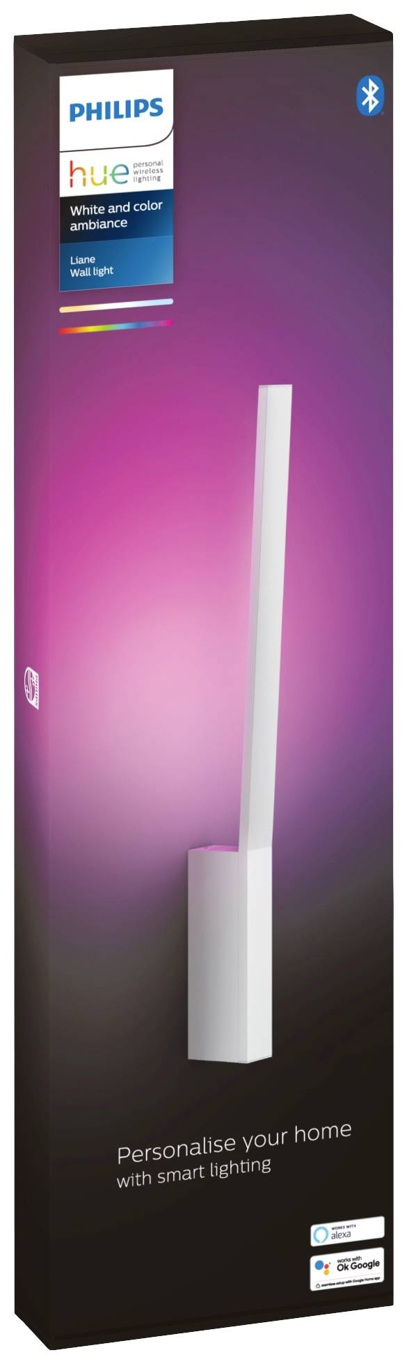 Verpackung der Philips Hue Gradient Signe Tischleuchte, zeigt das Produkt mit rosa Hintergrundbeleuchtung und Bluetooth-Logo.