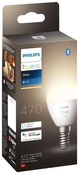Verpackung einer Philips Hue White E14 Glühbirne, kompatibel mit Bluetooth, Amazon Alexa, Google Assistant und Apple Homekit.