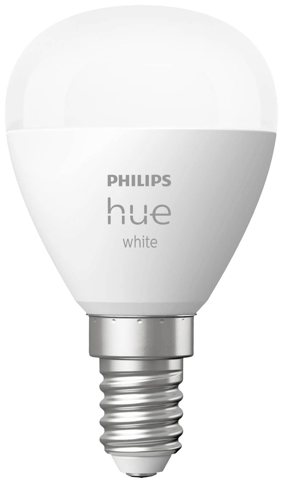 LED-Glühbirne mit Metallfassung. Aufdruck 'Philips Hue white'.