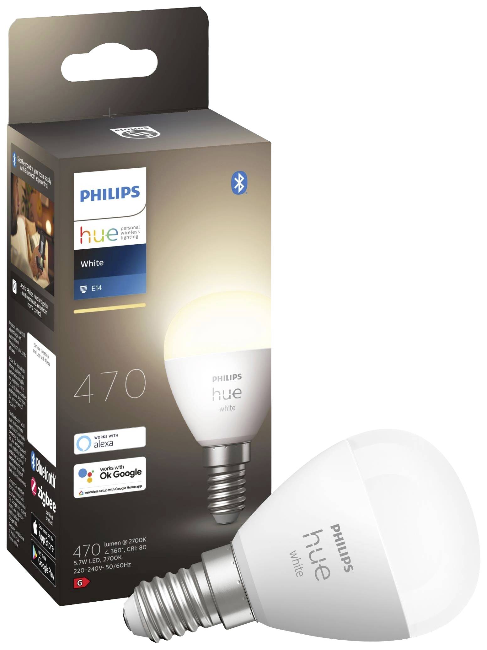 Eine Philips Hue White E14 LED-Glühbirne und Verpackung, kompatibel mit Alexa und Google Assistant, Bluetooth-fähig, 470 Lumen.
