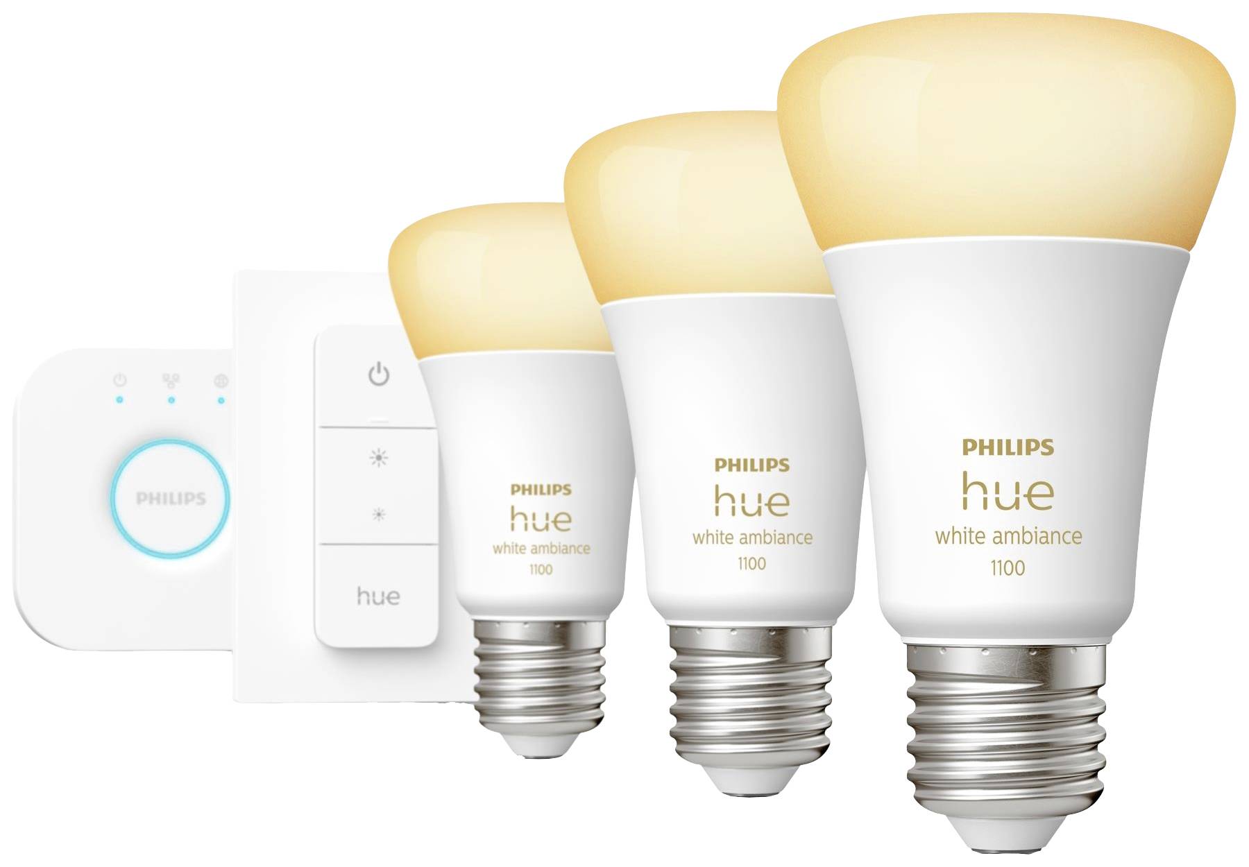 Drei Philips Hue White Ambiance Glühbirnen und ein Philips Hue Dimmschalter. Die Glühbirnen haben eine E27-Fassung und warmweißes Licht.