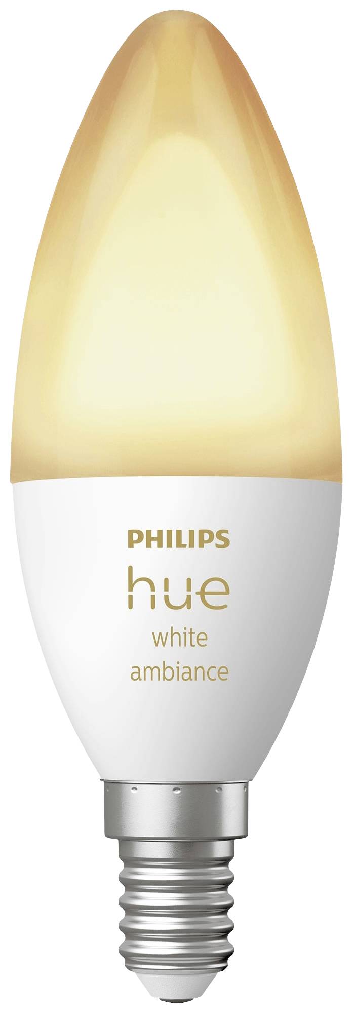 Eine LED-Glühbirne von Philips Hue, Weißlicht, mit E14-Sockel, leuchtet warmweiß.