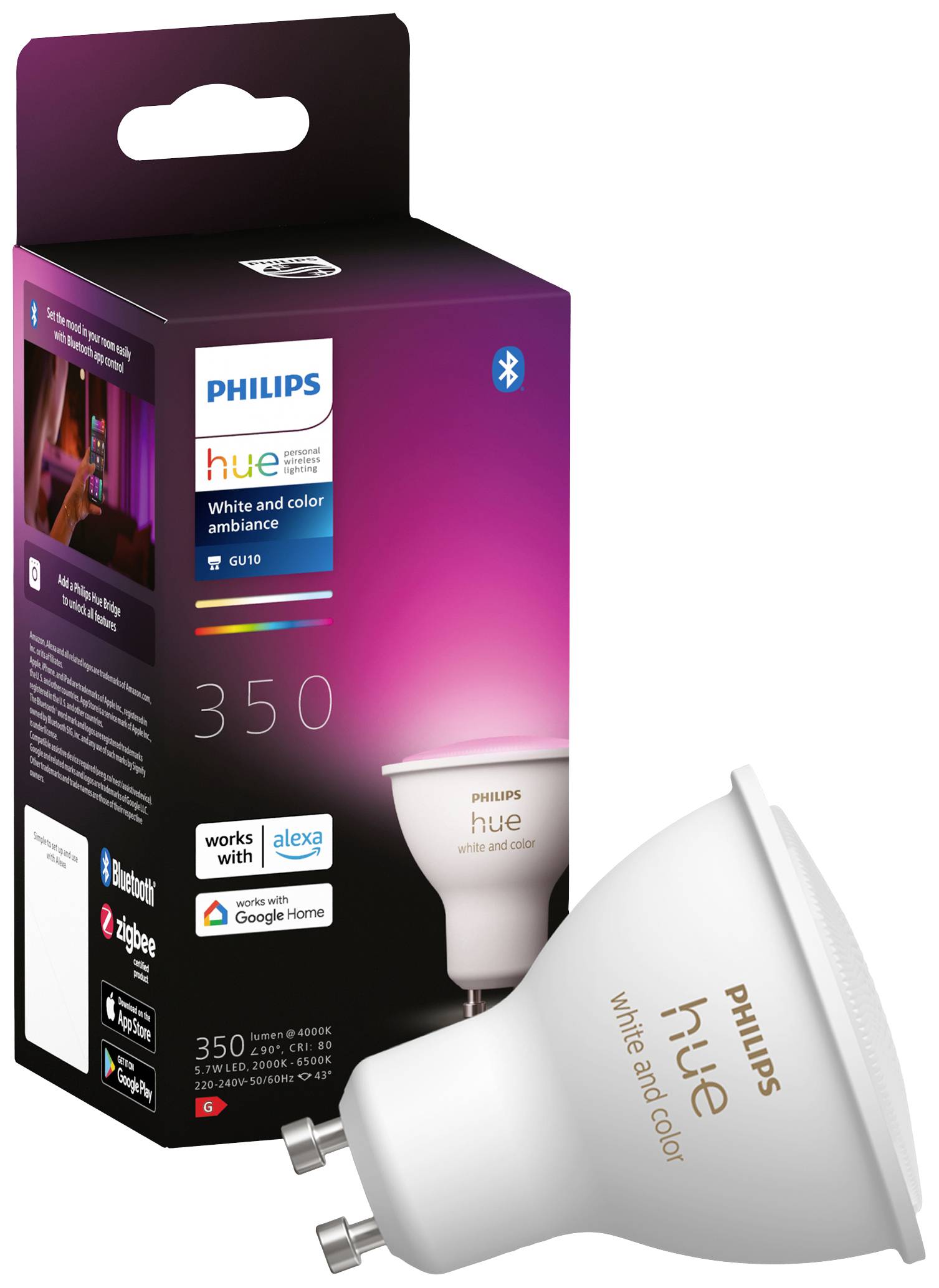 Philips Hue LED-Leuchtmittel 871951433988000 EEK: G (A - G) Hue White &amp; Col. Amb. Einzelpack 350lm GU10 4.3 W Warmweiß bis Kaltweiß