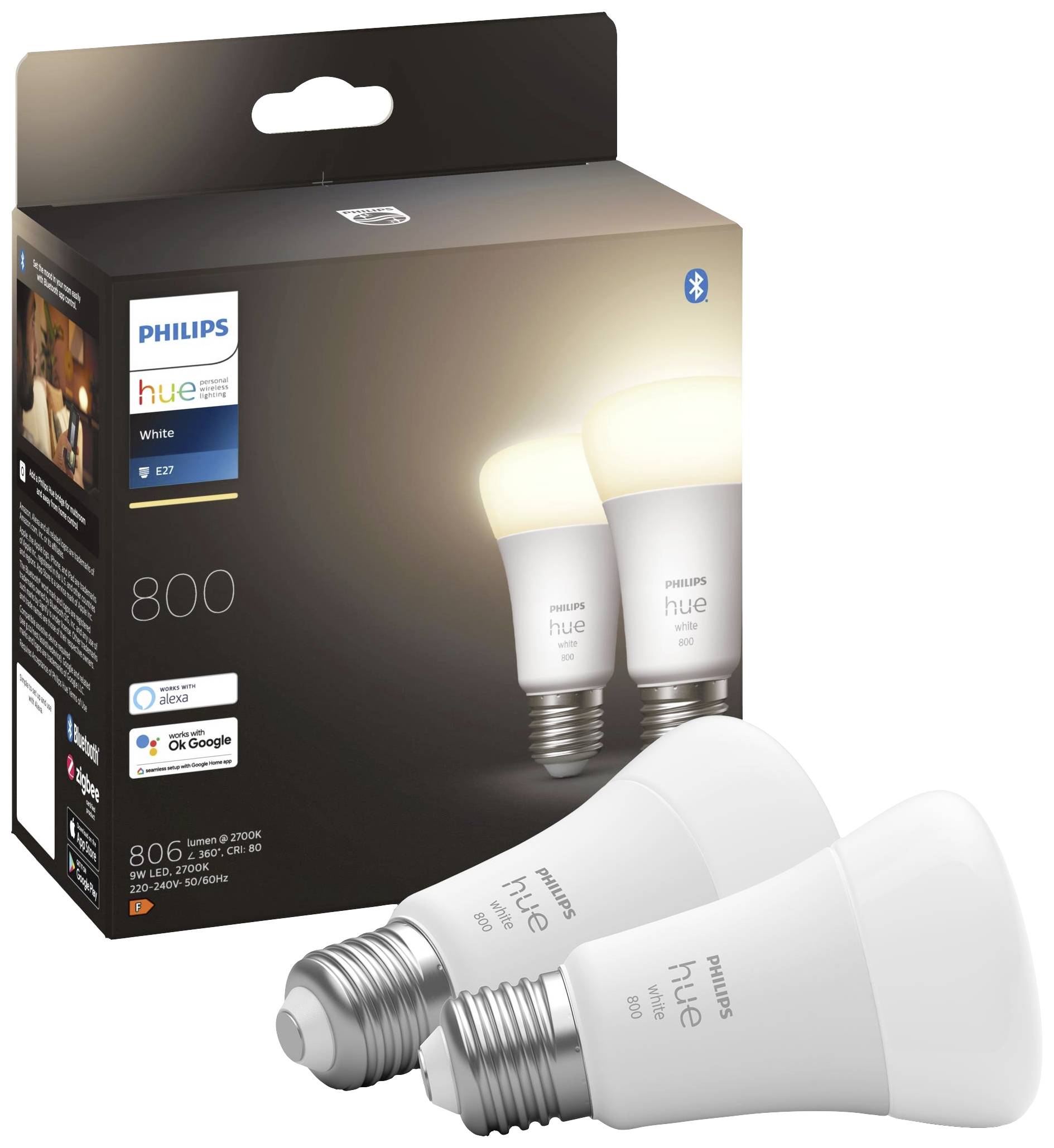Philips LED LED-Leuchtmittel (2er-Set) 871951431902800 EEK: F (A - G) Hue White E27 Doppelpack 2x800lm 60W E27 18 W Warmweiß