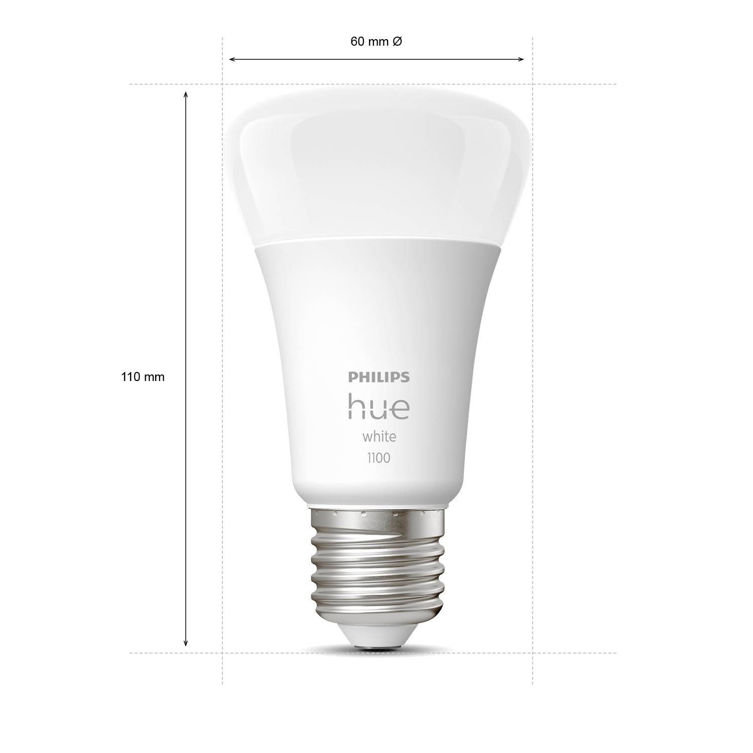 Glühbirne mit Aufschrift 'Philips hue white 1100'. Höhe 110 mm, Durchmesser 60 mm, E27-Sockel. Energiesparende LED-Technologie.