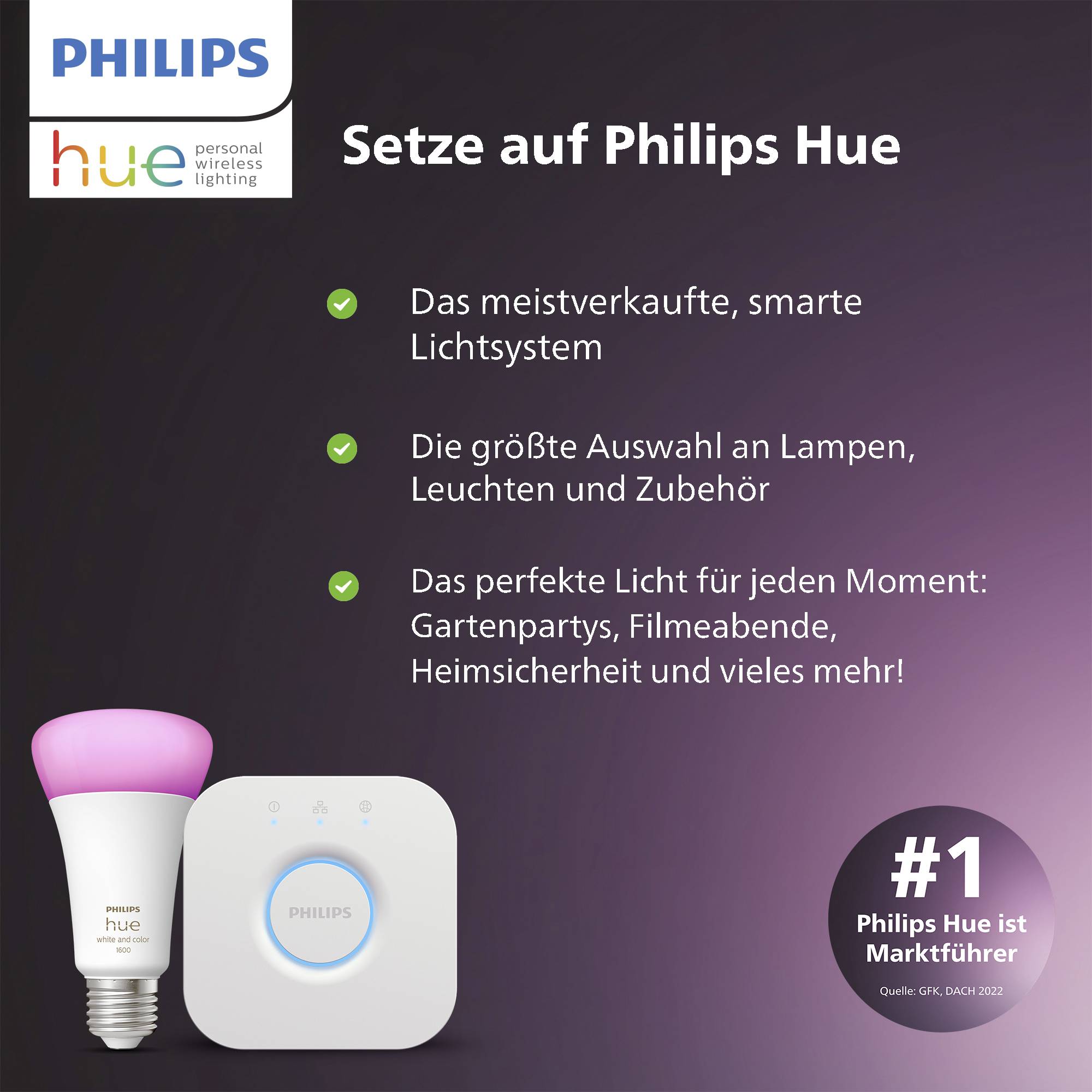 'Setze auf Philips Hue' steht oben. Das Bild zeigt eine smarte Lampe, einen Schalter und den Hinweis, dass Philips Hue Marktführer ist.