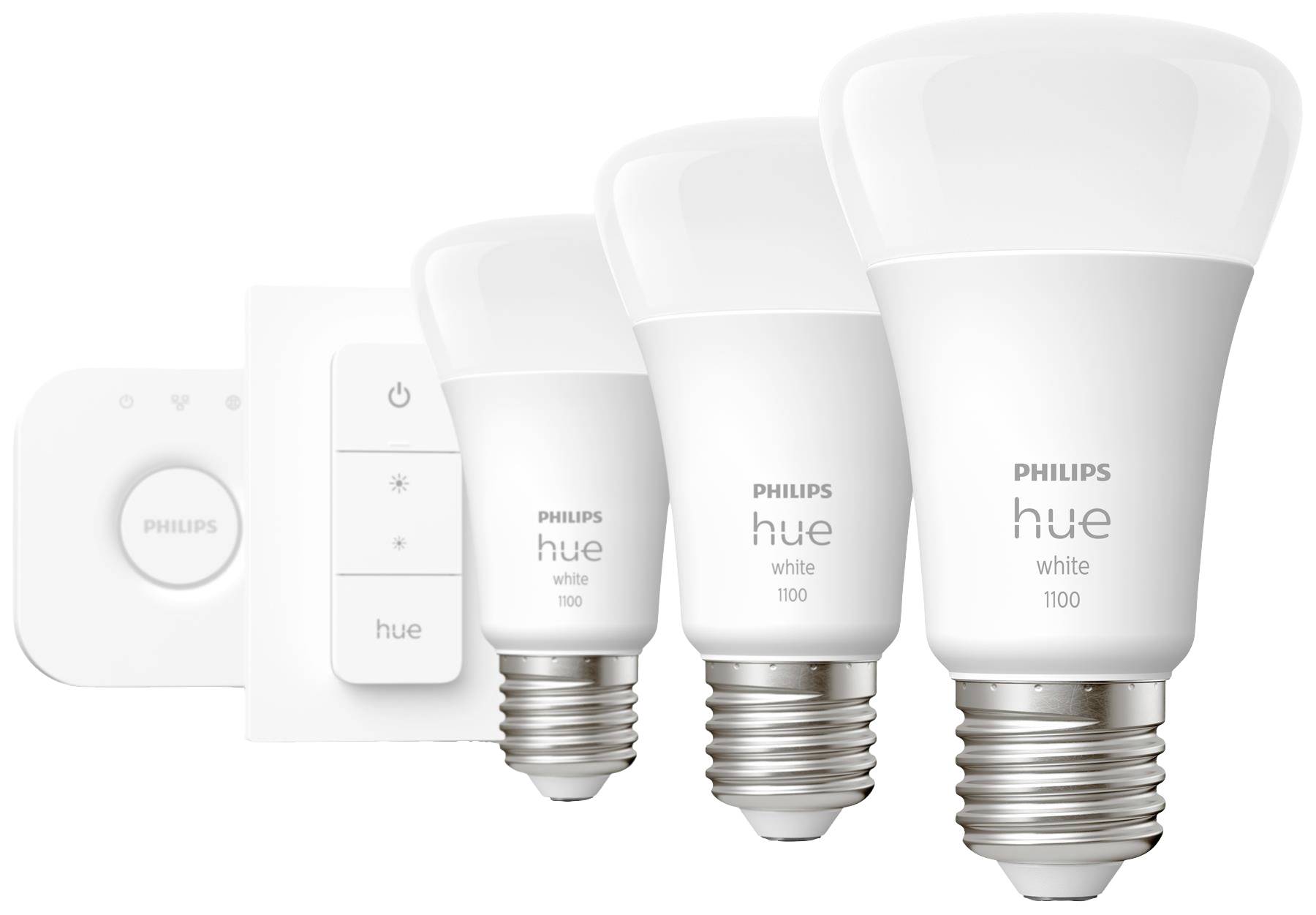 Drei Philips Hue White 1100 LED-Glühbirnen und ein Hue Smart-Home-Steuergerät; intelligente Lichtsteuerung für Zuhause.