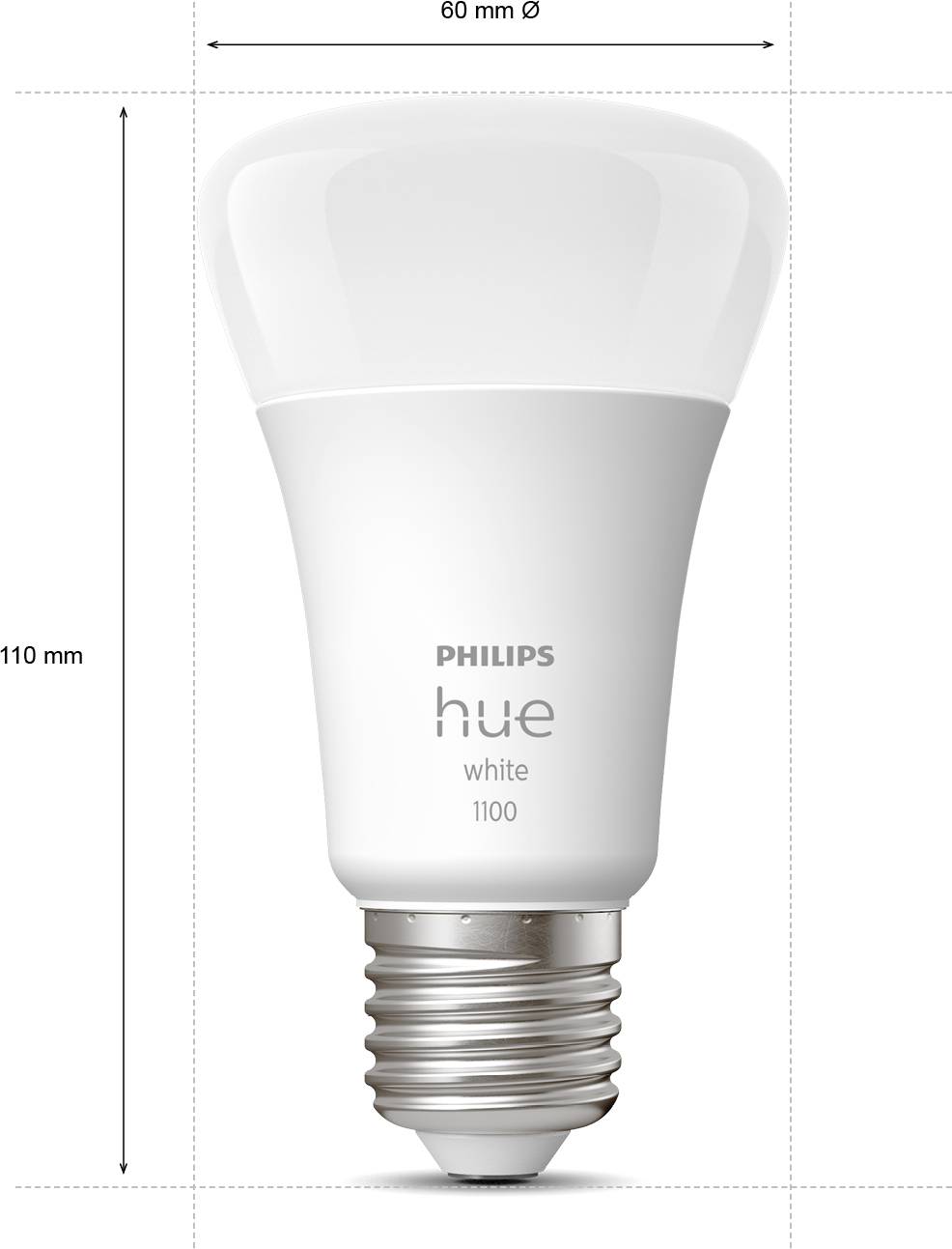 Weiße LED-Glühbirne mit E27-Fassung, Philips Hue weiß 1100. Maße: 110 mm hoch, 60 mm Durchmesser.