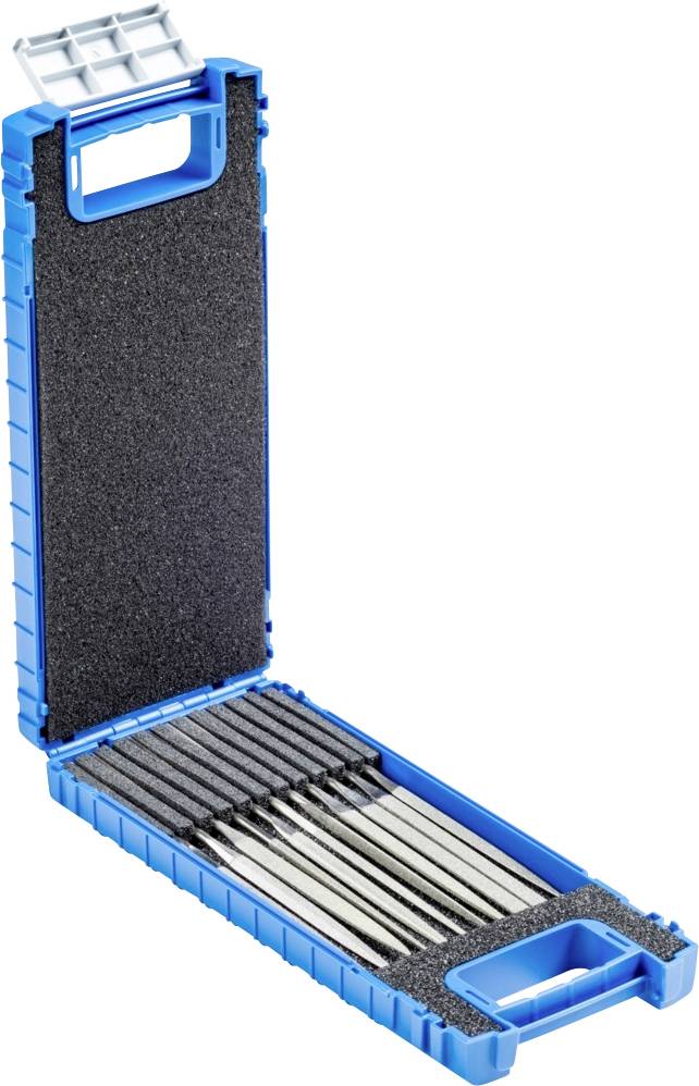 Ein offener blauer Werkzeugkoffer mit Schaumstoffauskleidung zeigt ordentliche Reihen von Feilen mit unterschiedlichen Formen.