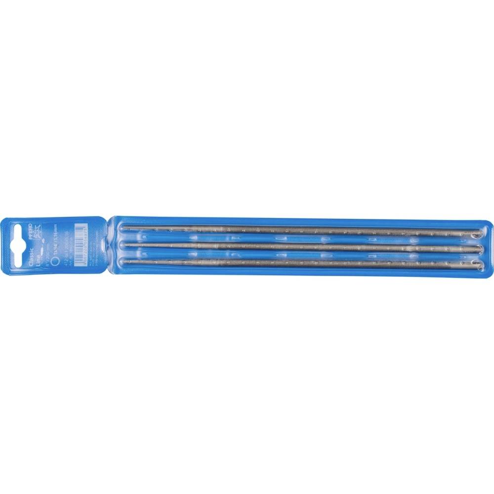 Drei lange, dünne Metallraspel in einer blauen Verpackung, geeignet für Holzbearbeitung.