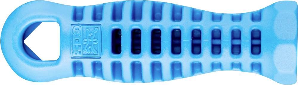 Ein blauer Kastenöffner mit geripptem Griff und rechteckiger Öffnung, geeignet für das einfache Öffnen von Verpackungen.