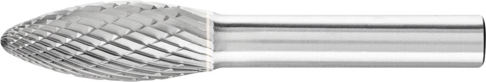 Metallfräser mit einer ovalen Spitze und kreuzförmigem Schneidemuster, verwendet für das Schleifen von Materialien.