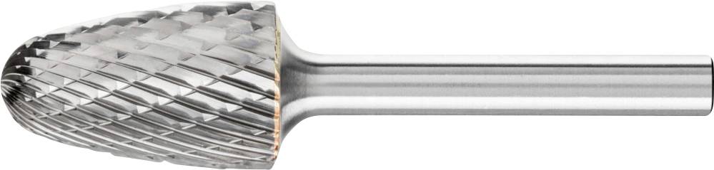 Ein kegelförmiger Hartmetall-Frässtift mit geriffelter Oberfläche und zylindrischem Schaft, verwendet zum Bearbeiten von Metallen.