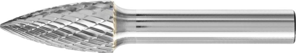 Ein metallischer Frässtift mit kegelförmigem Kopf und rautenförmigem Schneidmuster, geeignet für präzises Schleifen und Fräsen.