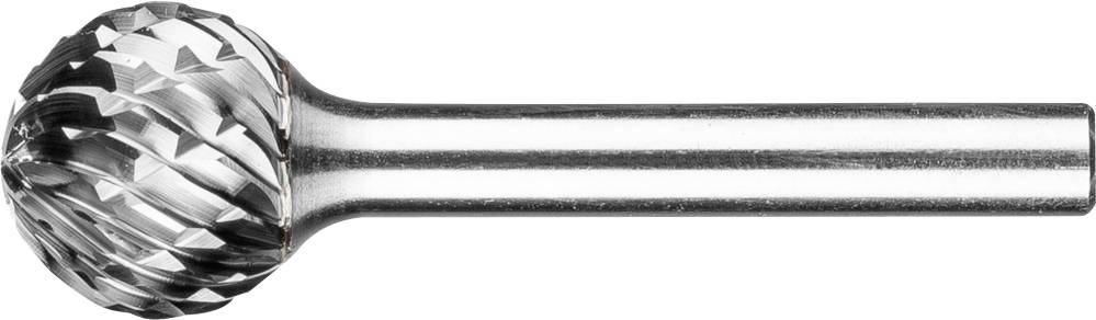 Ein rundes Fräswerkzeug aus Metall mit langen, spiralförmigen Schneidzähnen. Es hat einen schlanken Schaft für Halterungen.